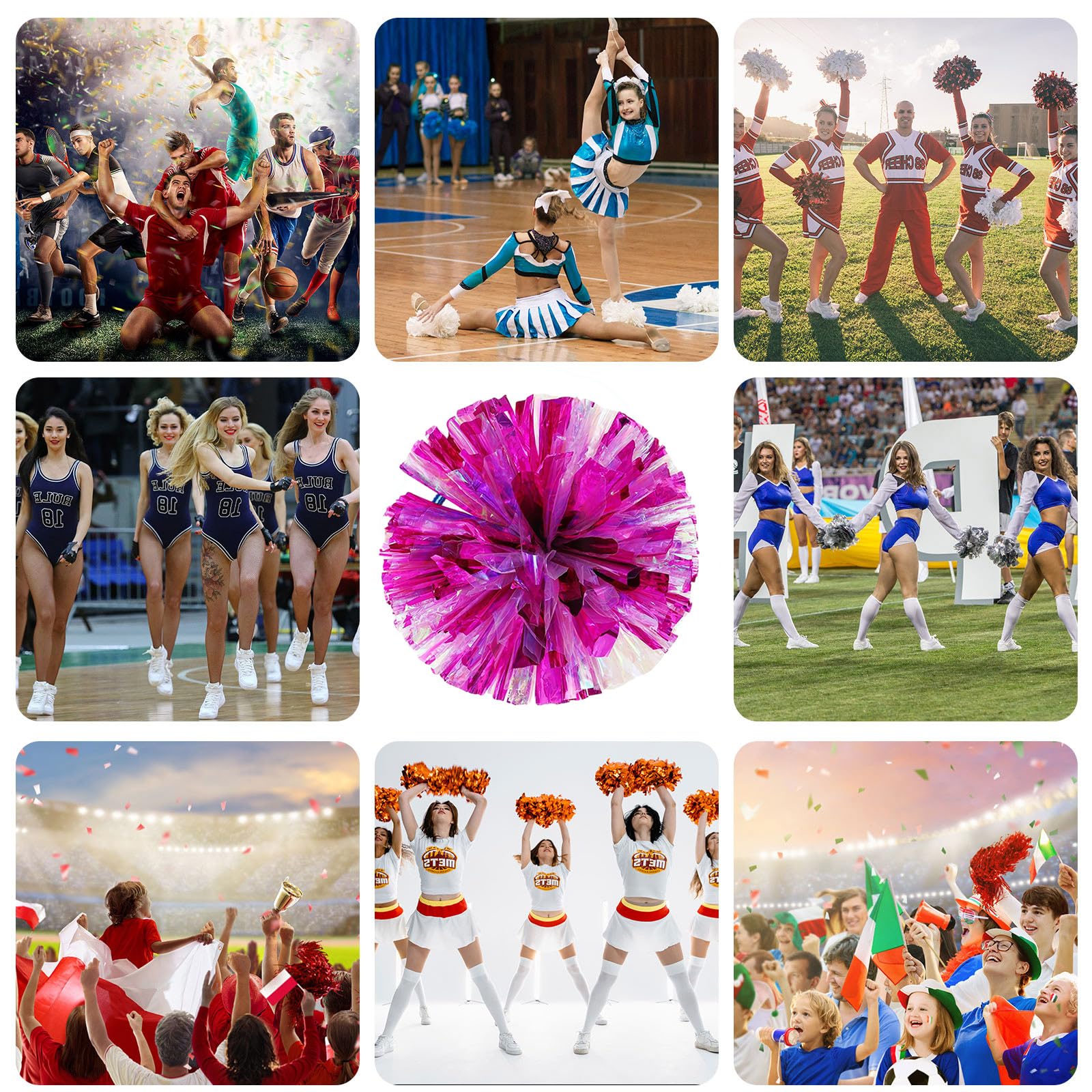 Lot de 20 pompons de 35cm, pour entraînement sportif, danse, équipe, avec anneaux. (Couleur éblouissante + poudre)