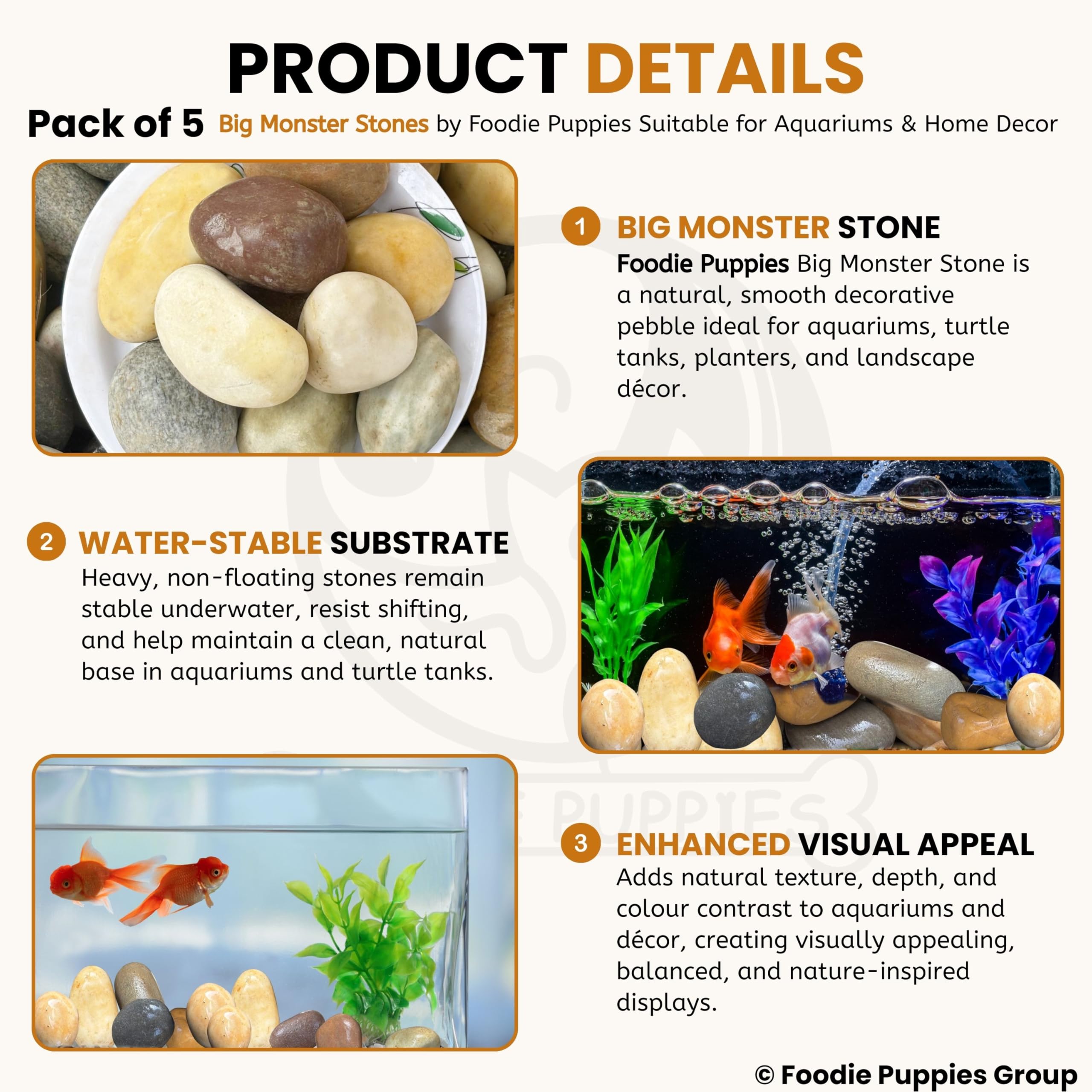 Foodie Puppies River Rocks Natural Multicolour Big Monster Stone - (Large - Pack of 5) for Aquariums, Fish Tank, Fireplaces, Firepit Glass, Painting & Craft, Turtle Tanks, Terrariums and Plants Pots