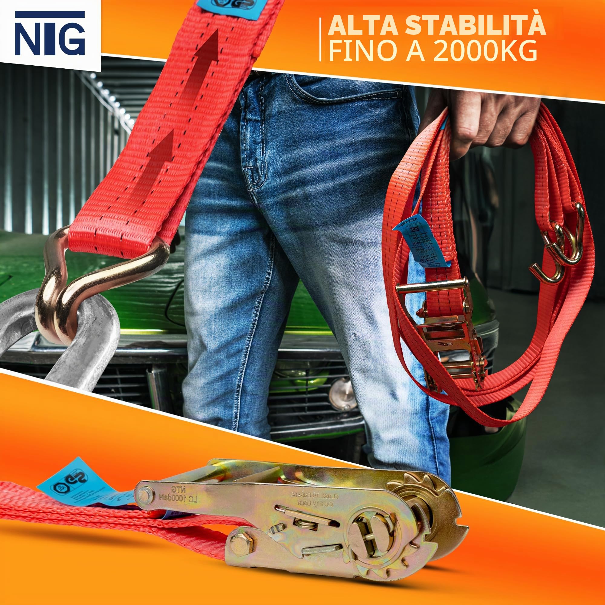 NTG 10 cinghie di tensionamento con cricchetto - ganci 2000 kg 6 metri - certificate TÜV/GS - 2 pezzi larghezza 35 mm - cinghie di fissaggio - certificate TÜV GS e conformi alla norma DIN EN 12195-2