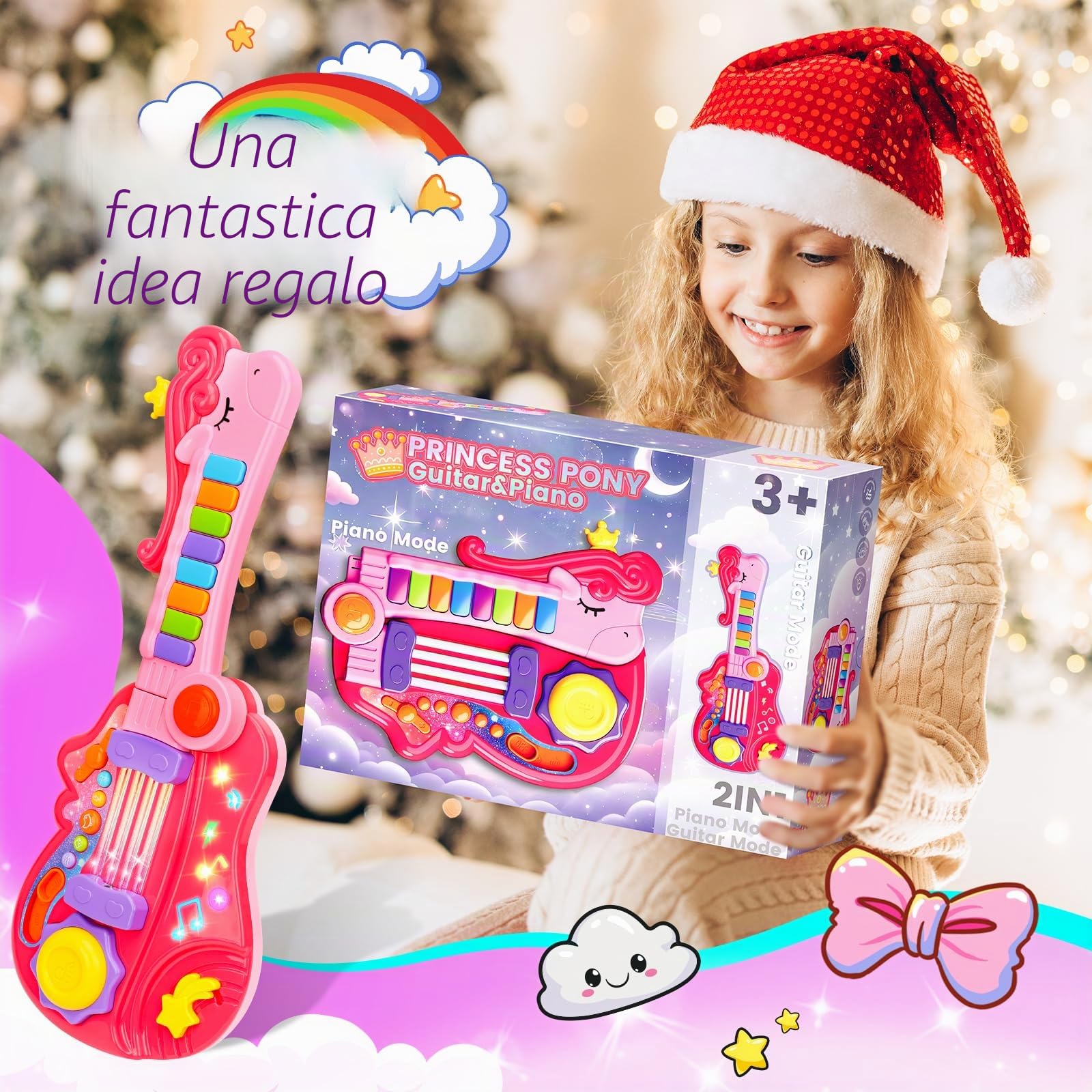 Chitarra Giocattolo per Bambini con Modalità Pianoforte 2-in-1 Strumento Musicale Elettrico Giocattoli Regalo per Ragazzi e Ragazze di 3 4 5 Anni (Rosa)