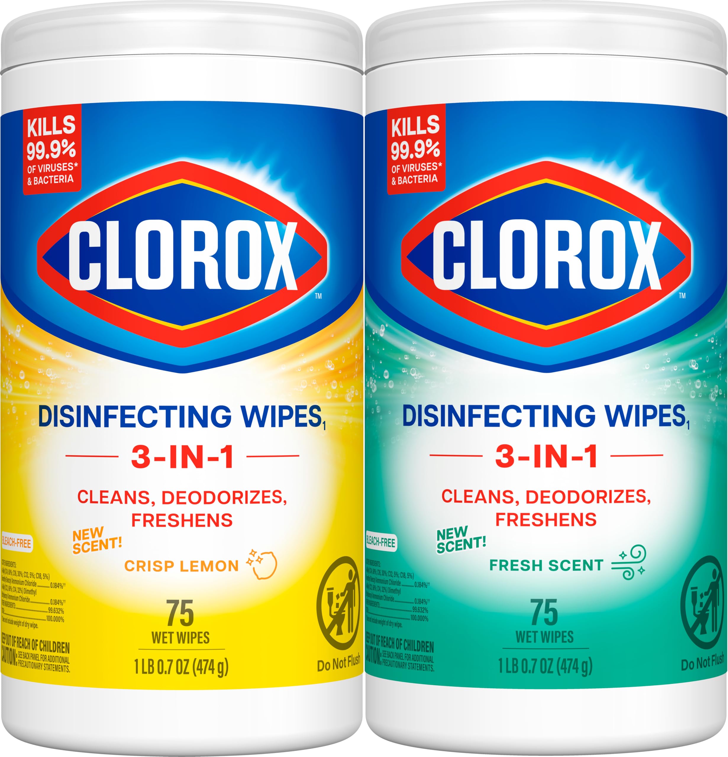 Clorox Disinfecting Wipes Value Pack, Bleach Free Cleaning Wipes, 75 Count Each, Pack of 2, Packaging May Vary