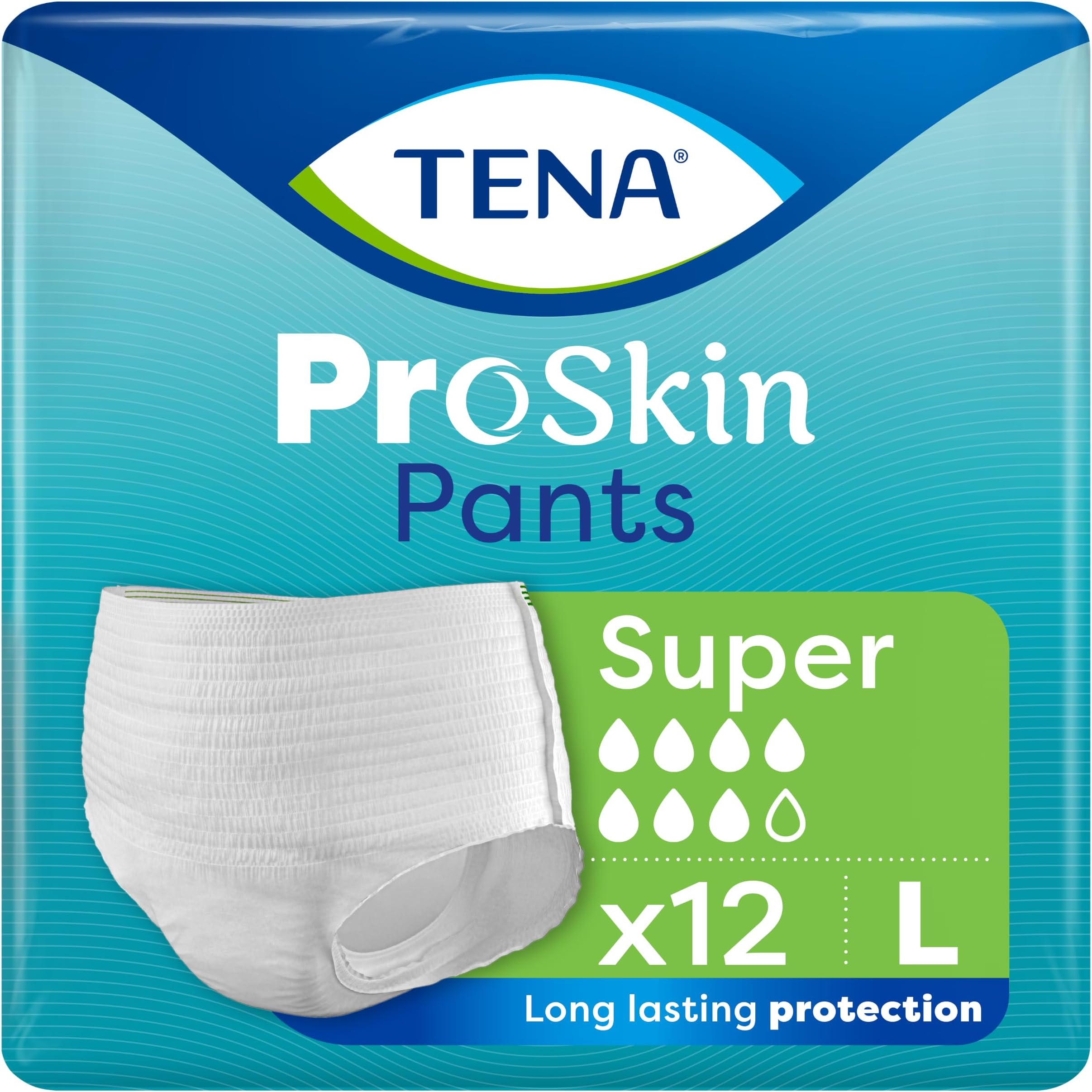 TENA ProSkin Pants Super, Incontinence Underwear, Large (12 Count) | Incontinence Underwear for Men & Women, Moderate to Heavy Leakage, Fast Absorption, Odour Control & Triple Skin Protection