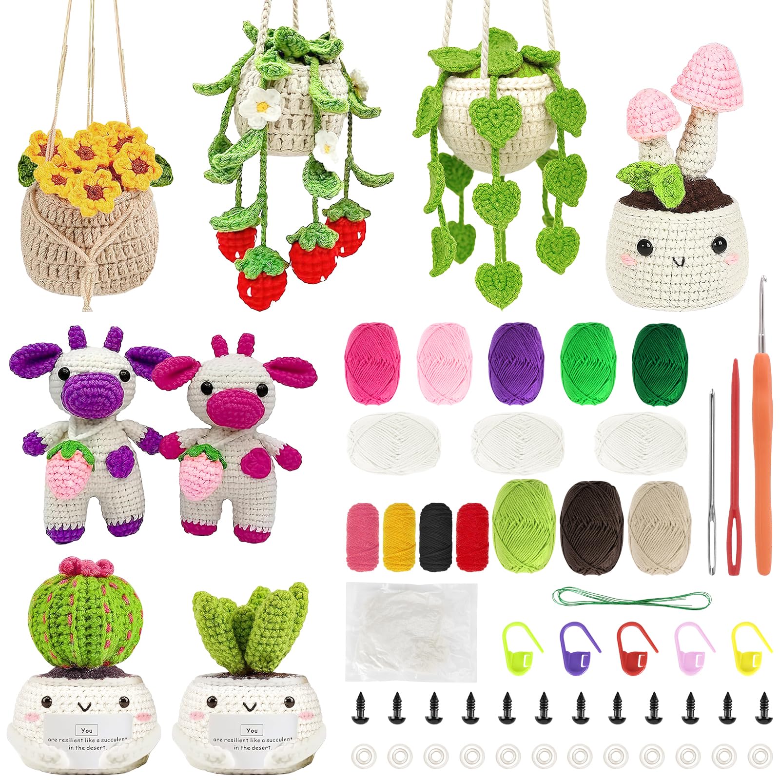 Crochet Kit for Beginners with Step-by-Step Video Tutorials, 8Pcs Crochet Starter Kits for Adults Potted Hanging Plants Craft Kit with Yarn Sets for Home/Car Decoration