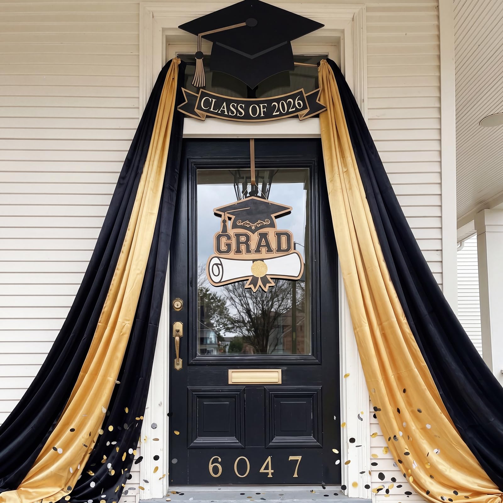 Photo 1 of Peryiter 4 Pcs Class of 2026 Graduation Door Decoration 197 x 11.8 Inch Black and Gold Grad Satin Fabric Banner Class of 2026 Grad Cap Sign for Indoor Outdoor Graduation Party Backdrop Supplies