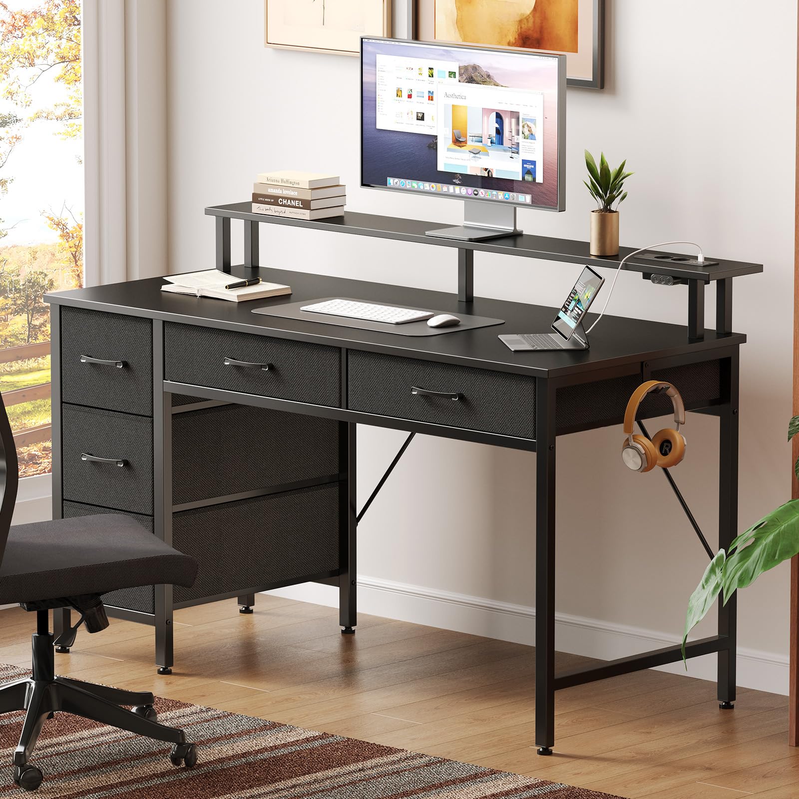 Rolanstar Bureau avec 5 tiroirs, table pour ordinateur avec prises de courant, bureau de gaming avec éclairage LED, support pour moniteur, pour bureau à domicile, chambre, salon, bureau (Noir, 120)