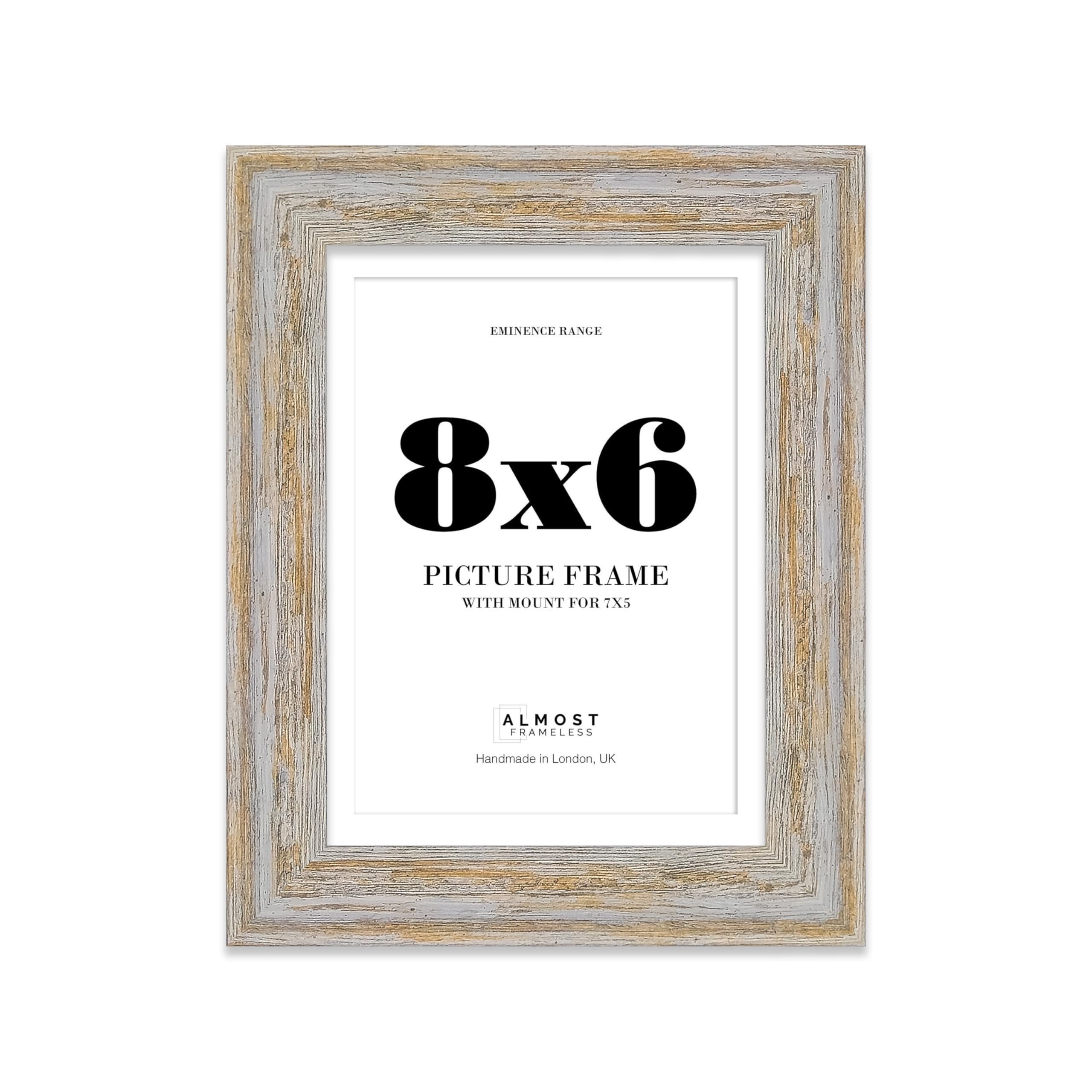 8x6" Walnut Woodgrain Picture Frame with 7x5" Mount - Shabby Chic Photo Frame with Distressed Finish, Wall Hooks and Kickstand, 32mm Edge - 1 Pack