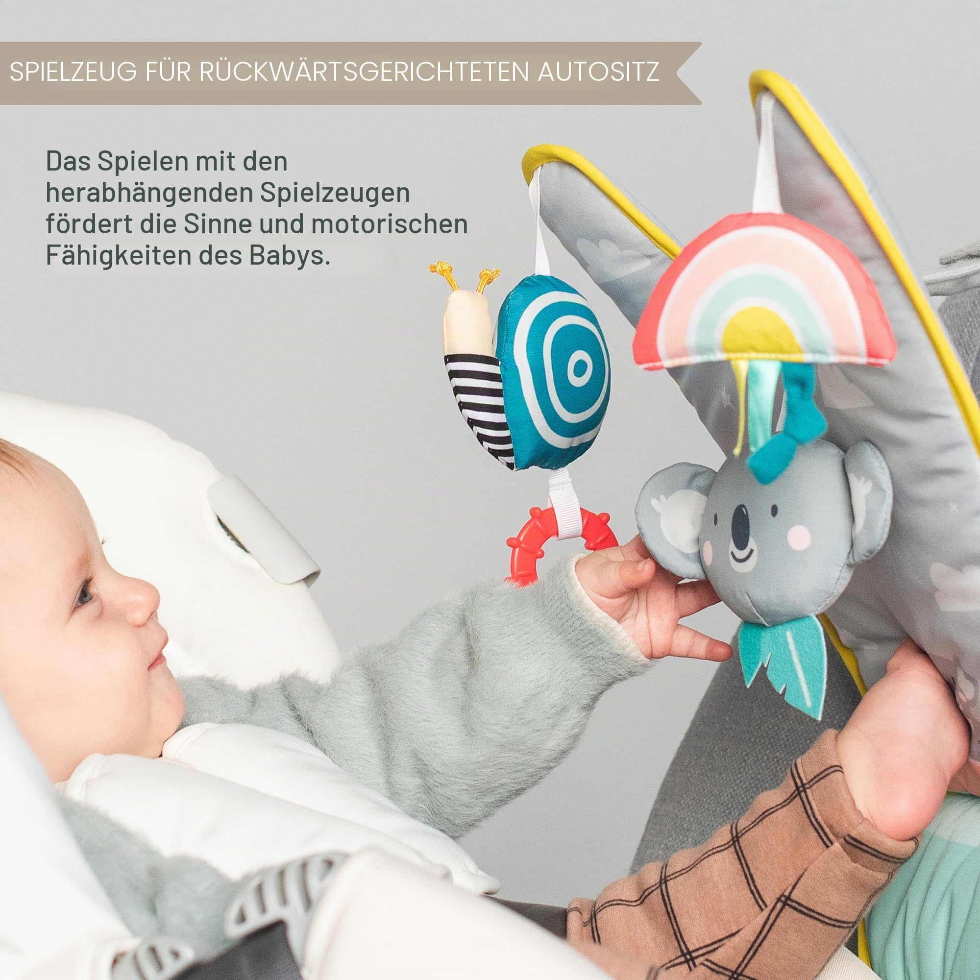 Koala In-Car Play Center Eltern- und Babyreisebegleiter. Car Activity Center mit Spiegel, um das Baby ab 0 Monaten vom Fahrersitz aus zu beobachten von Taf Toys 12485, grau