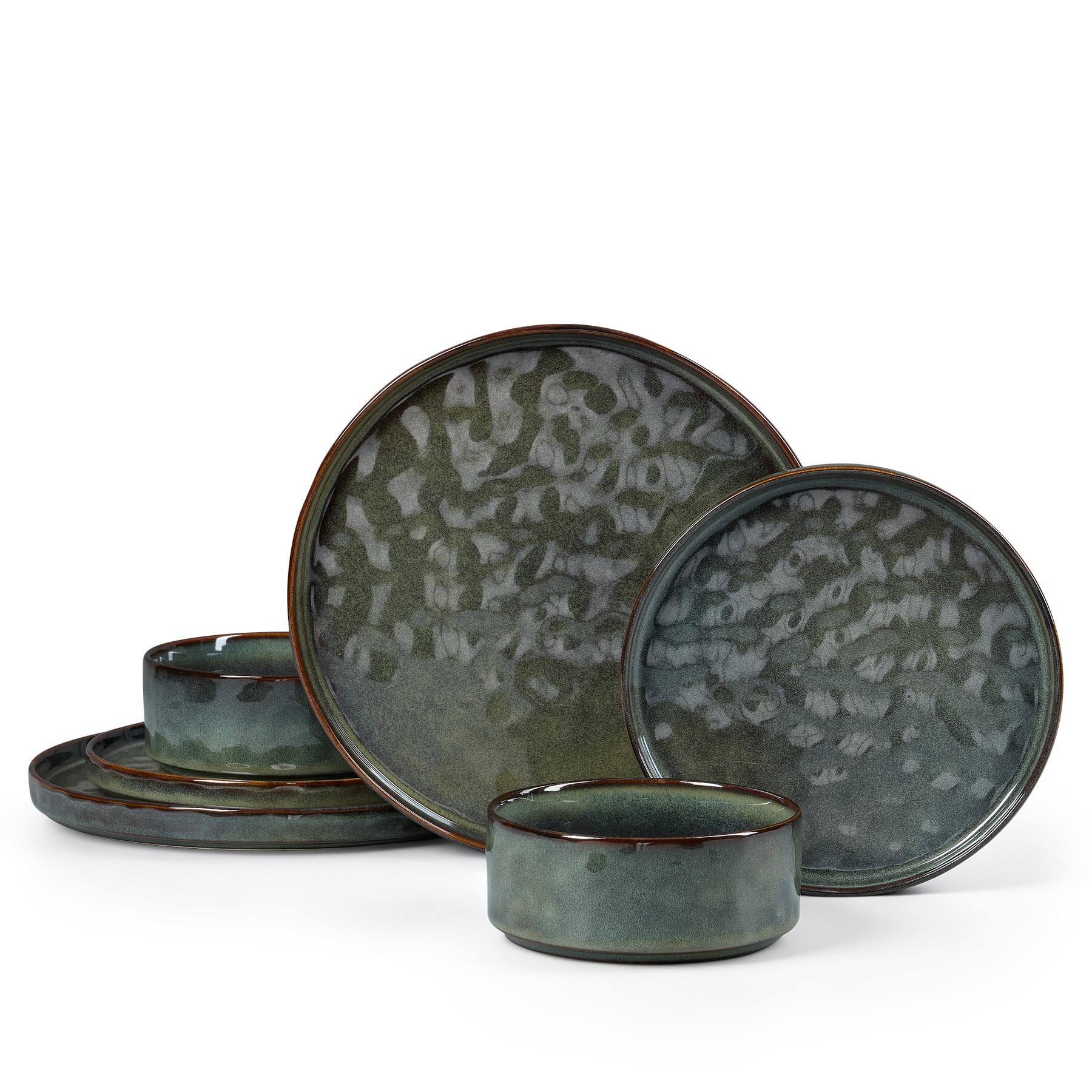 HaWare 6 Pcs Dinner Set, Stoneware Plates and Bowls, Obsidian Green