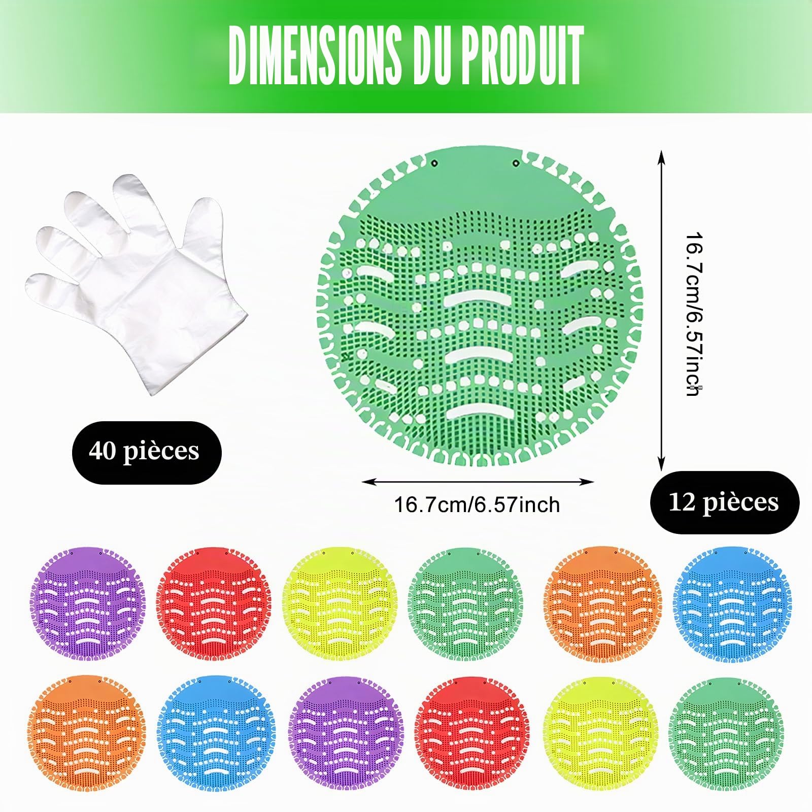 Lot de 12 tamis pour urinoir - 6 couleurs - Avec parfum - Effet fraîcheur pendant 30 jours - Pierres urinoirs Pissoir Premium - Filtre universel pour urinoir avec protection anti-éclaboussures
