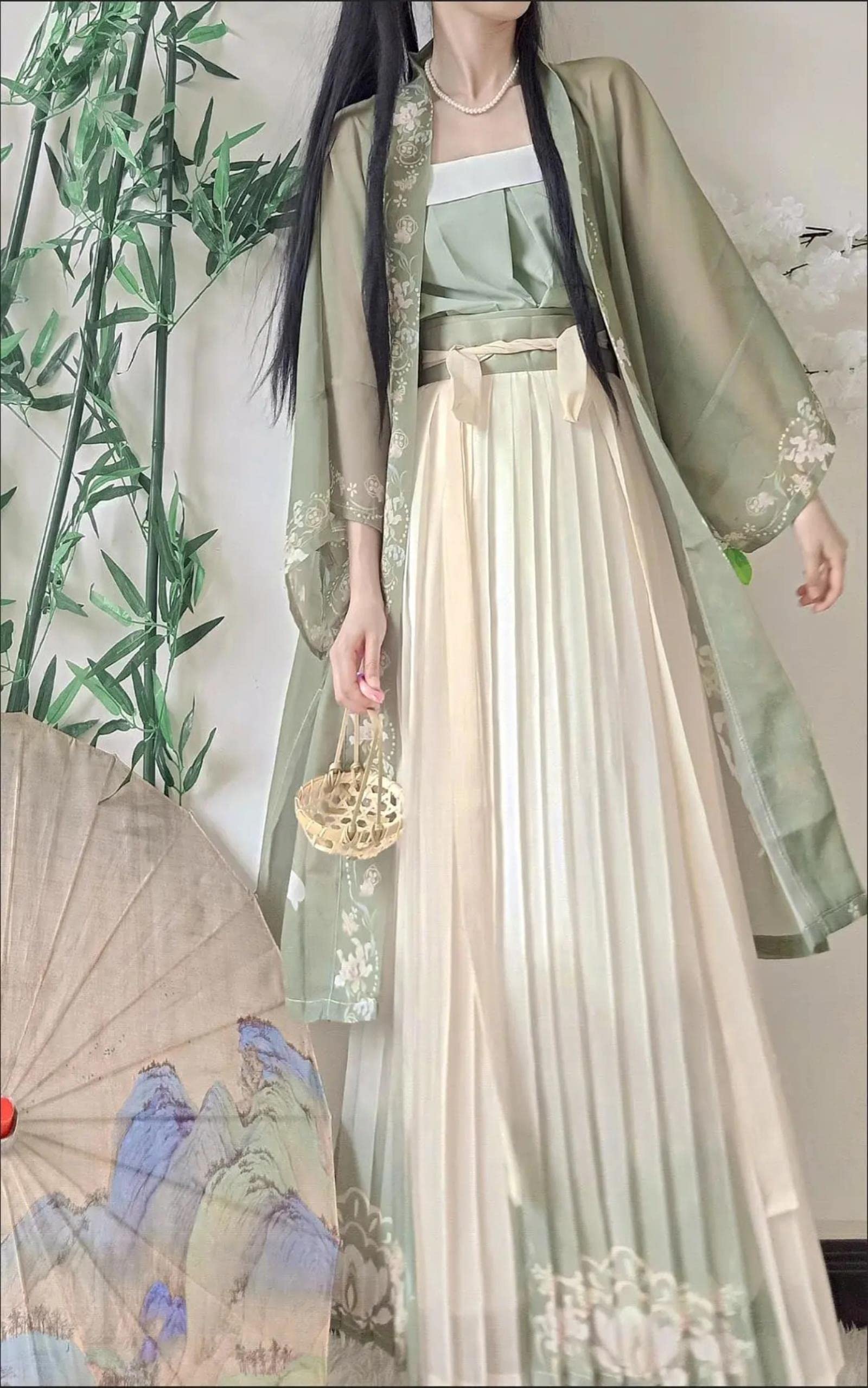 Chińska sukienka Hanfu 3 sztuk zestaw herbata zielona płynąca sukienka maxi chińskie starożytne kobiety sukienka haftowana kostium do strzelania ukończenie szkoły-jeden zestaw 3 szt., L, CN (tylko 1