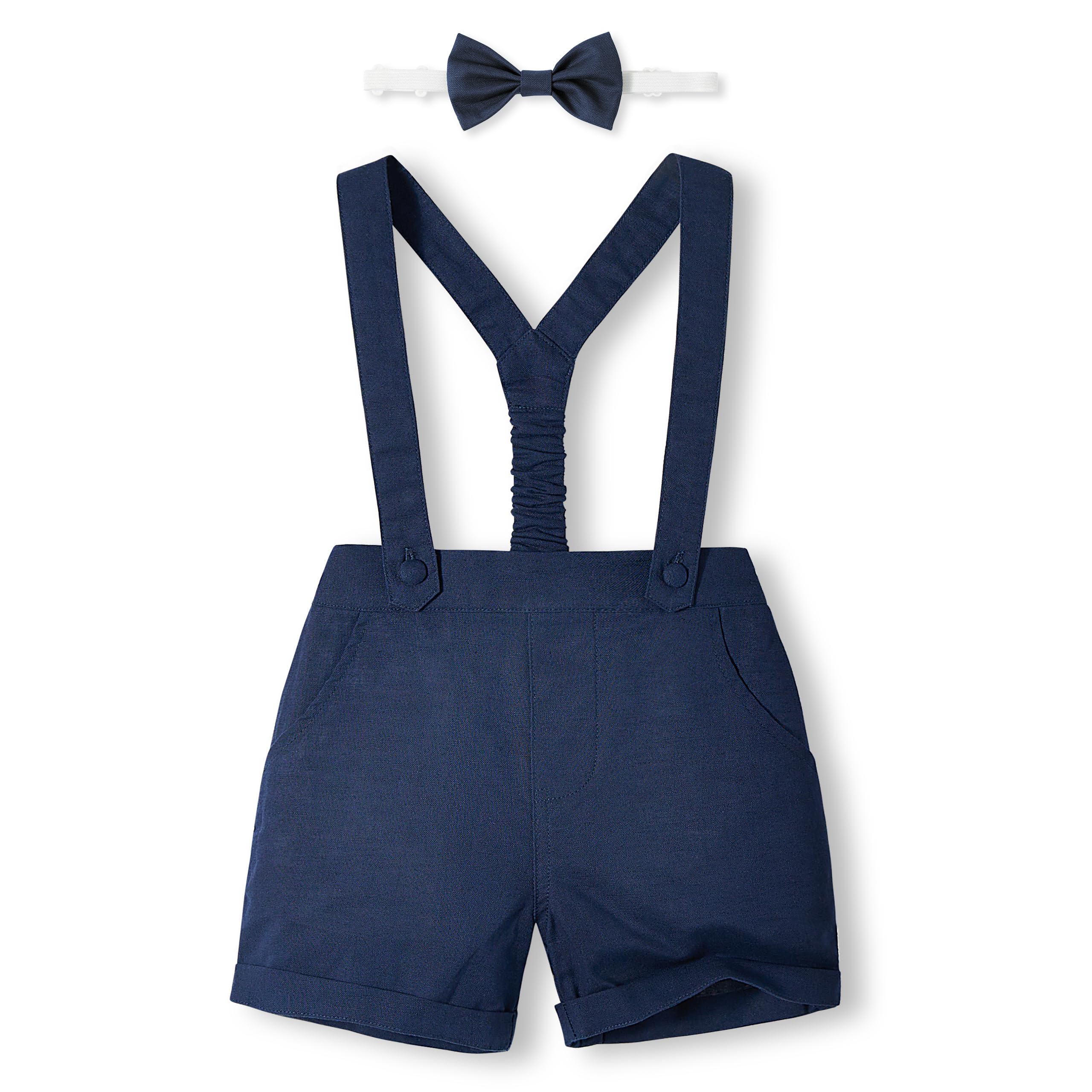 Volunboy Bebé Niño Pantalones Cortos con Tirantes, Verano Lino Shorts con Pajarita 3 Piezas