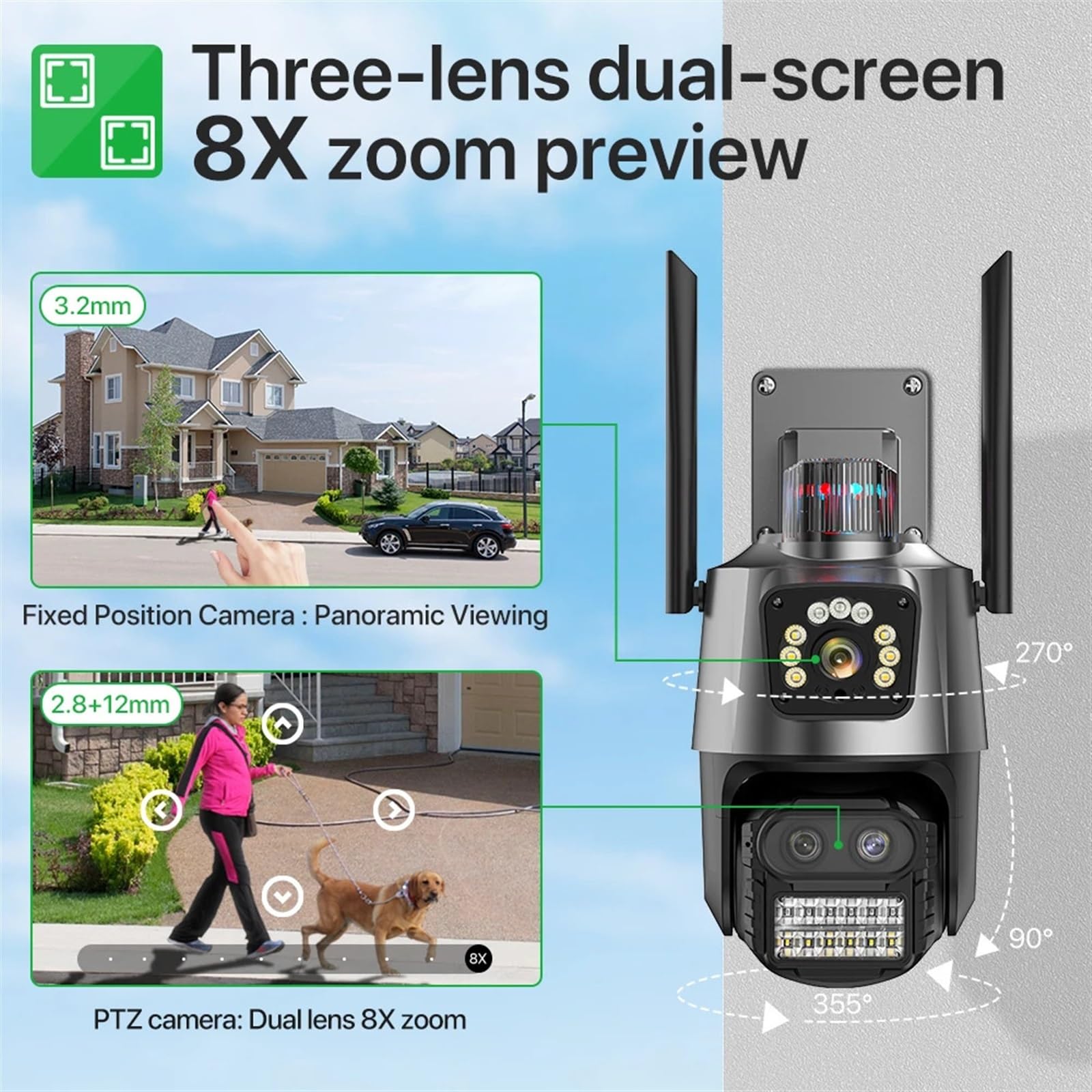 Kamera bezpieczeństwa, Kamera IP 4K 9MP HD na zewnątrz 8X Zoom trzy obiektywy podwójny ekran kamera PTZ 6MP światło policyjne alarmowy nadzór wideo(9MP Add 128G)
