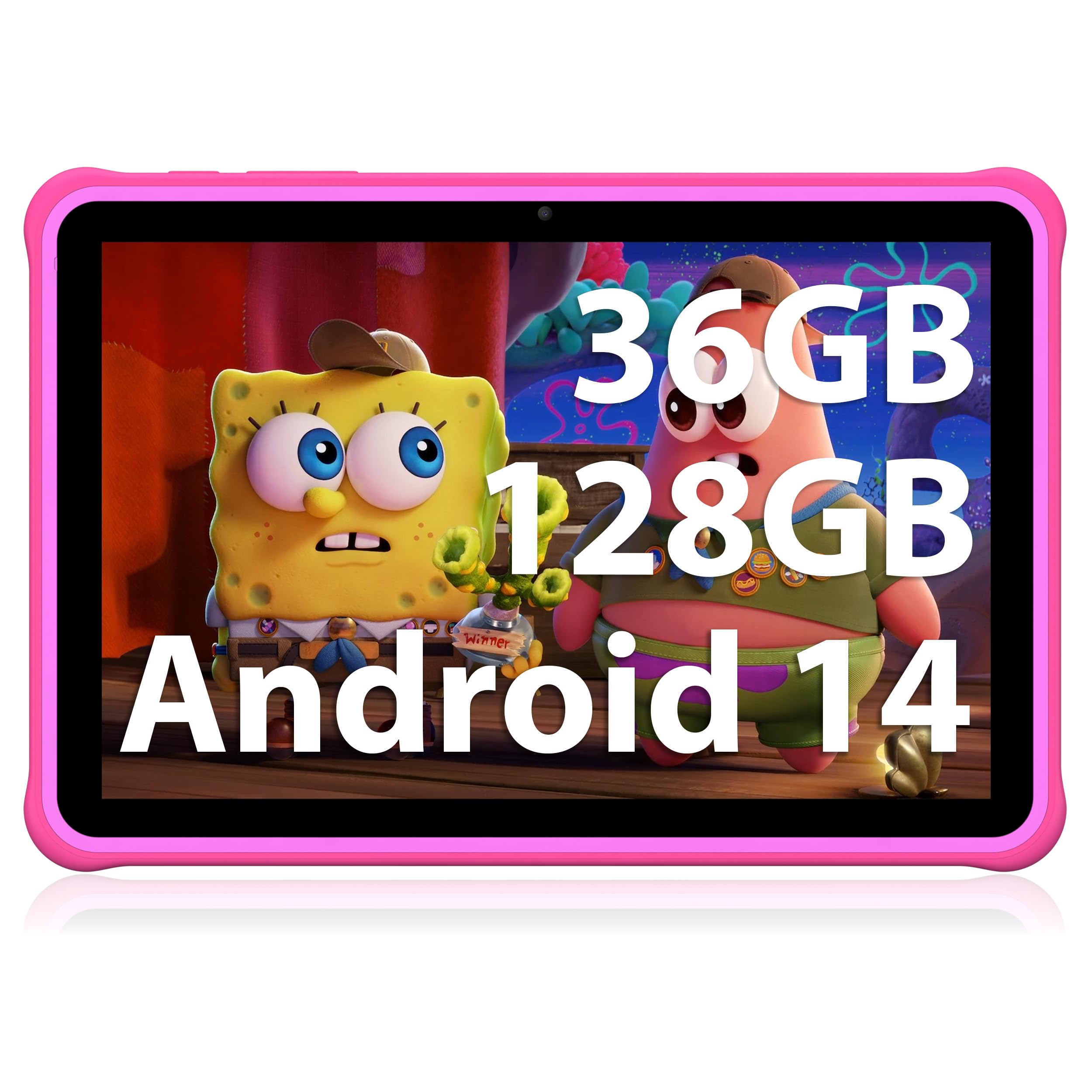 FASTWD Tablet per bambini 10 pollici Android 14 Tablets educativo,36GB RAM+128GB ROM(espandibile con SD),WiFi 6,controllo genitori,Widevine L1/BT 5.0/8+5 MP/Tablet per Bambini, (Rosa)