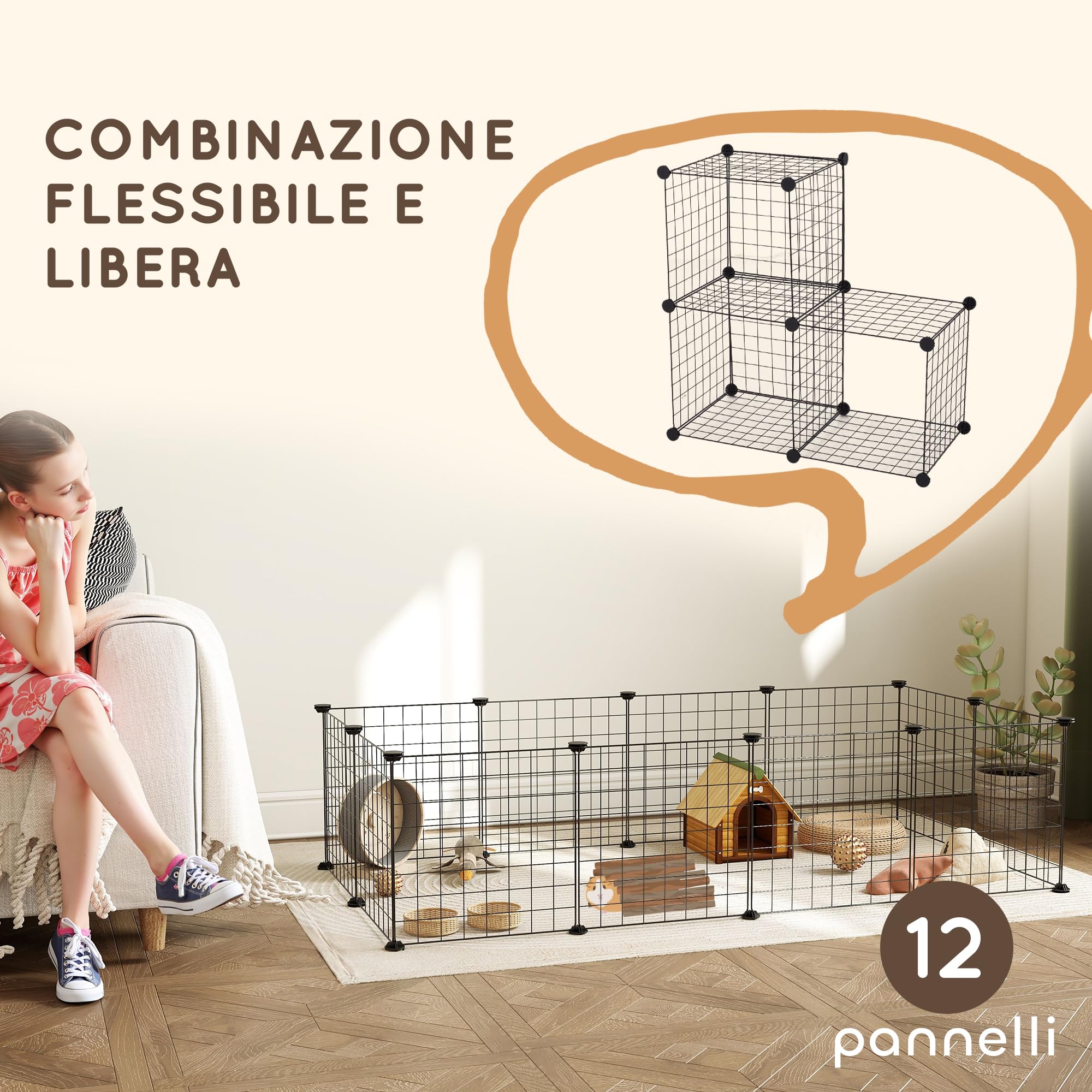 PawHut Recinto per Cuccioli e Piccoli Animali Modulabile in Metallo e PP, 12 Pannelli da 35x35cm Nero