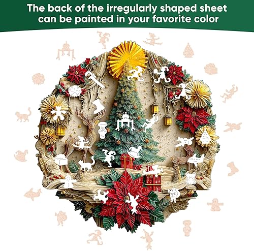 Miniatura 7 de Pikoqunc Rompecabezas de madera para adultos, rompecabezas de árbol de Navidad para adultos, piezas únicas, rompecabezas de corte de madera,