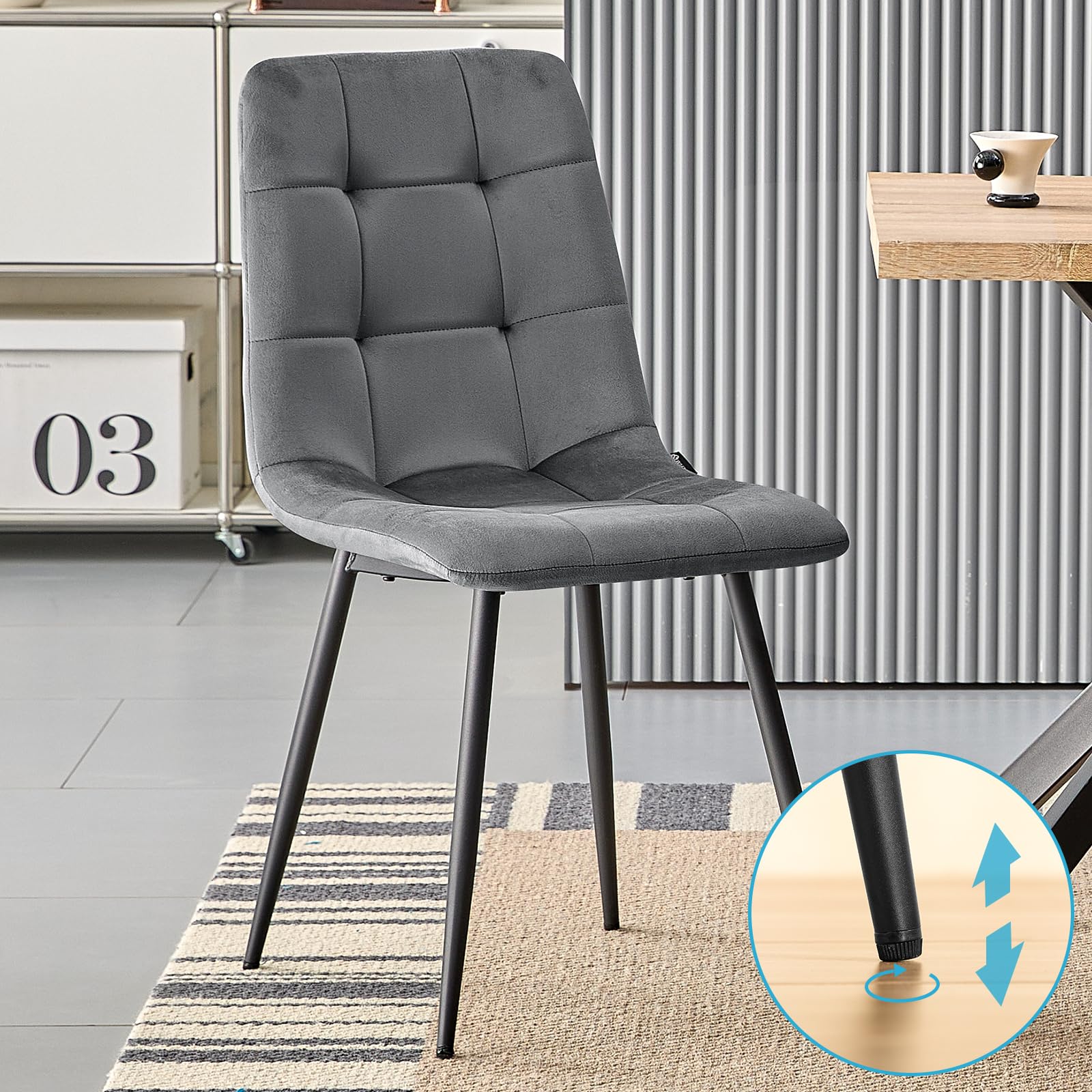 JIJIAN Set di 6 Sedie da Sala da Pranzo, Sedie da Cucina con Tessuto di Velluto e Gambe in Metallo Nero, Sedia Imbottita con Capacità di Carico di 120 kg, Grigio Scuro