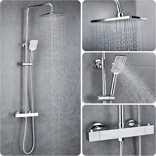 Solepearl Thermostat Shower System, Square Thermostatic 38 °C Shower Mixer Set with Rainfall Shower Head, Handheld Shower, Riser Rail, Adjustable Height Anti Scald Chrome Shower Set