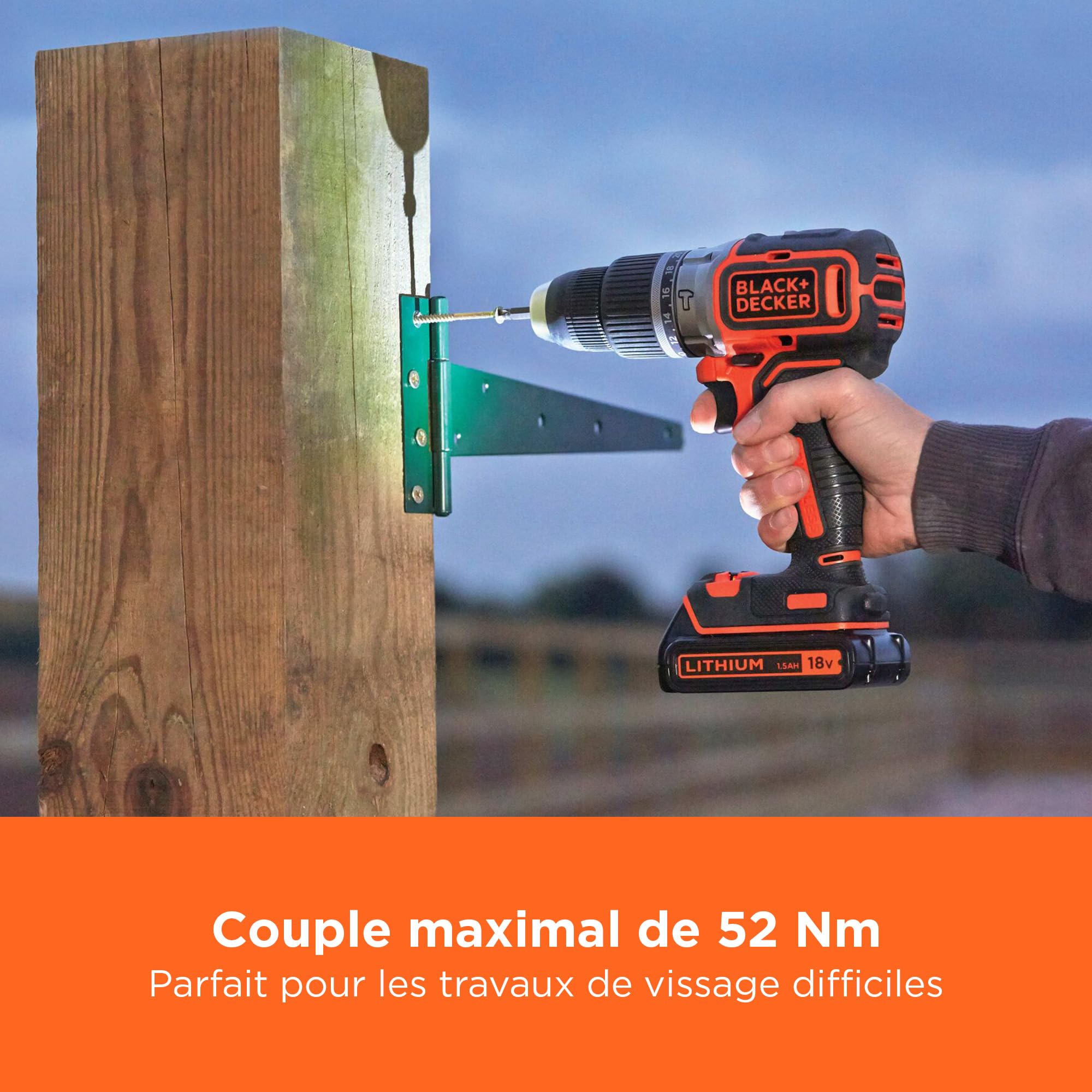 BLACK+DECKER Marteau perforateur sans fil 18V sans balais à 2 vitesses, 28,000 BPM, 52Nm de couple, livré avec 2 batteries de 1.5Ah, chargeur et Kitbox, BL188KB-QW