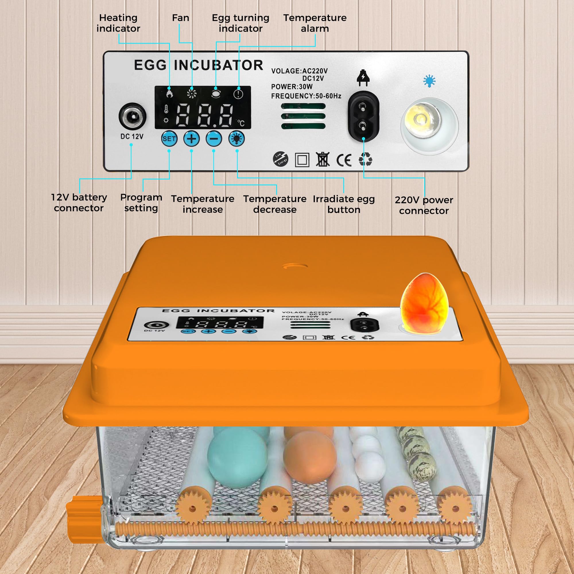 Incubadora de Huevos Automática 12-16 Huevos, Couveuse con Control de Temperatura, Rodillos Ajustables, Llenado de Agua Automático y Ovoscopio Integrado, Naranja