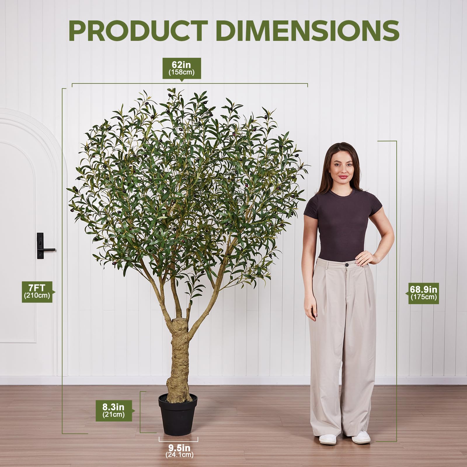VeriNatural Olivenbaum Künstlich 210cm, Große Kunstpflanze mit Topf | 2871 Blätter, 132 Oliven, stabiler Stamm, pflegeleicht, für Wohnzimmer Büro Bad und geschützten Balkon,12.5kg