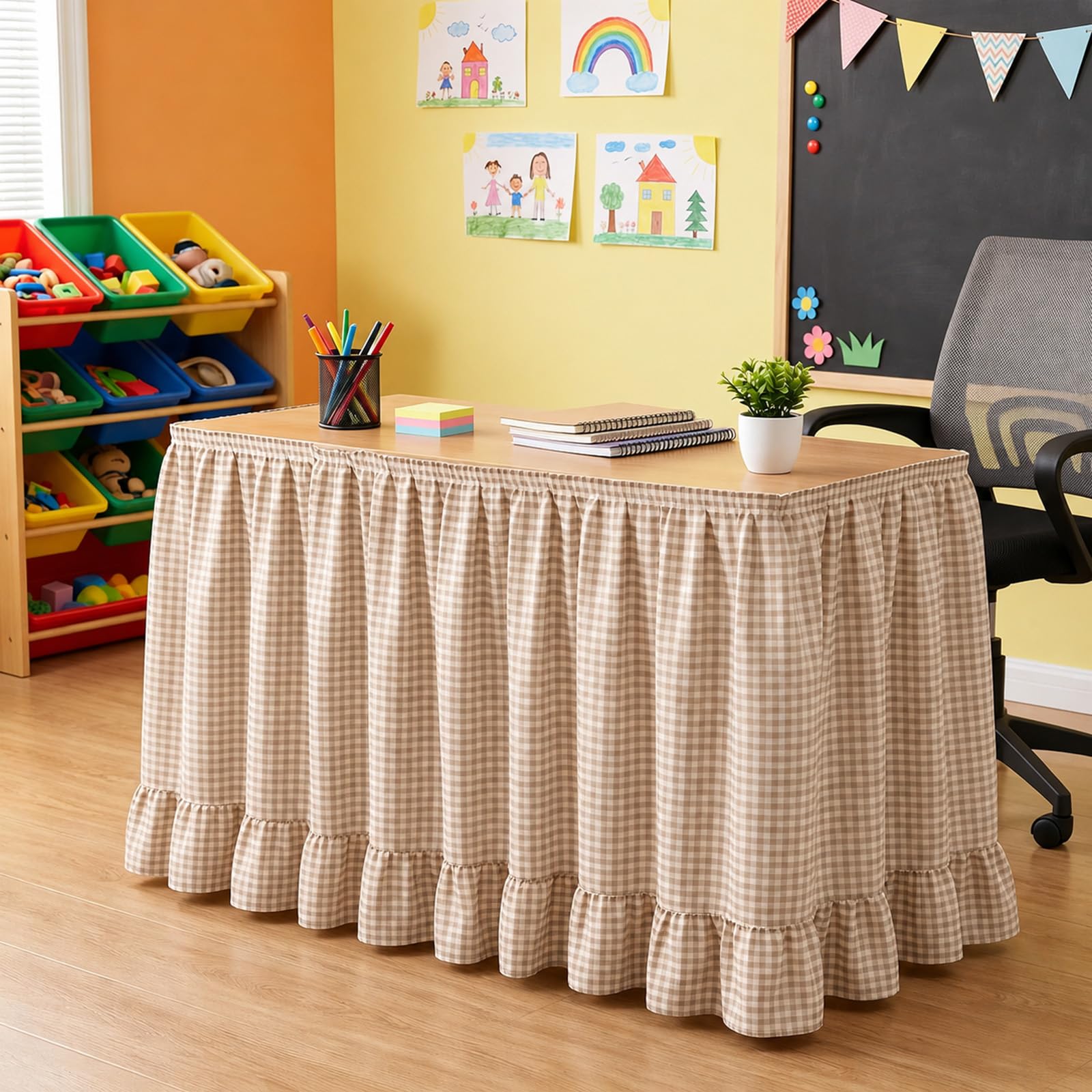 Teacher Desk Skirt 6FT, Gingham Table Skirt with Hook and Loop Fastener, Checkered Classroom Desk Decoration for Teachers, Washable Reusable For Classroom Teacher Desk Decor (#17)