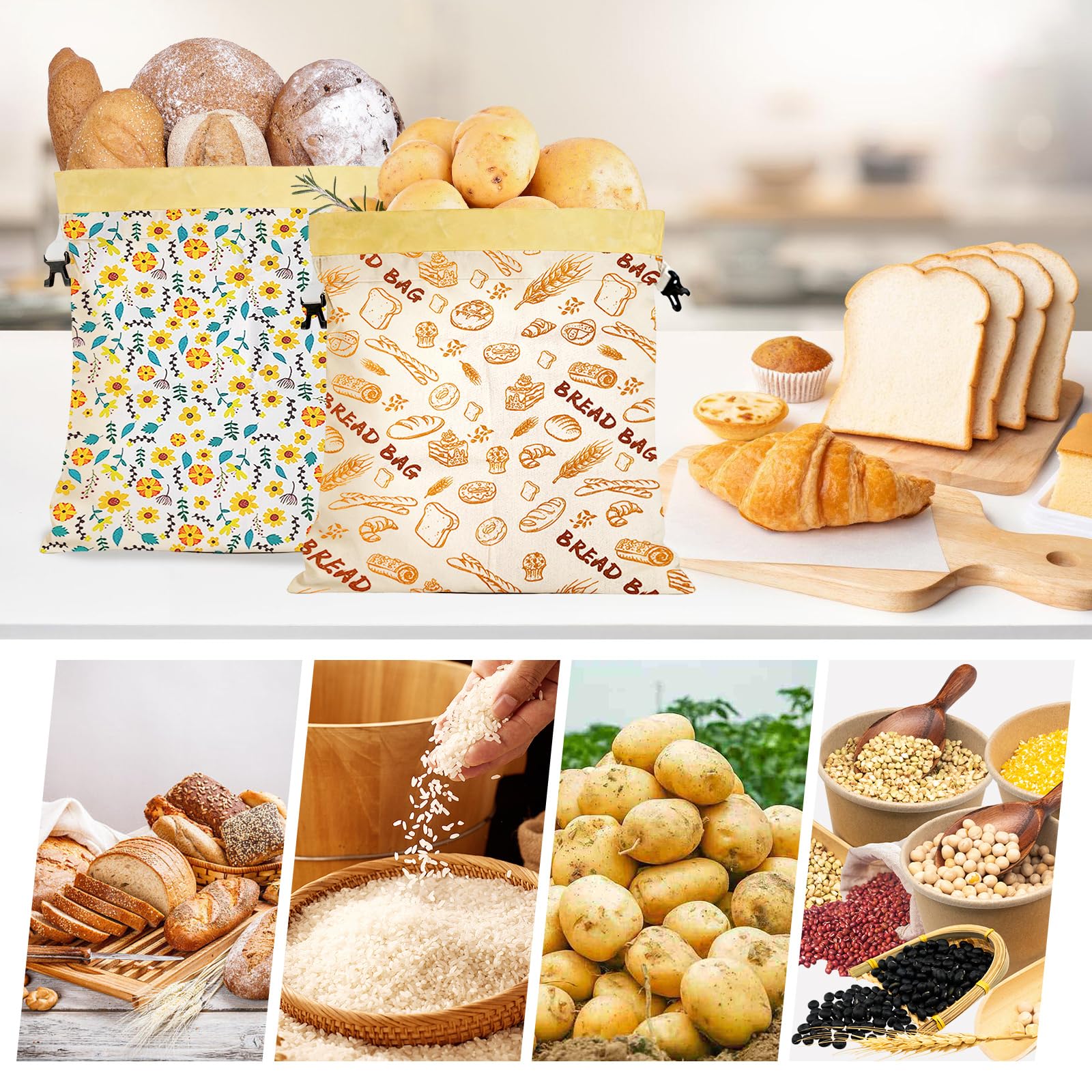 2 sacchetti riutilizzabili in cera d'api per il pane, 43 x 33 cm, in cotone, sacchetti per il pane con panno di cera d'api, fodera interna, grande borsa per il pane, lavabile per pane e prodotti da