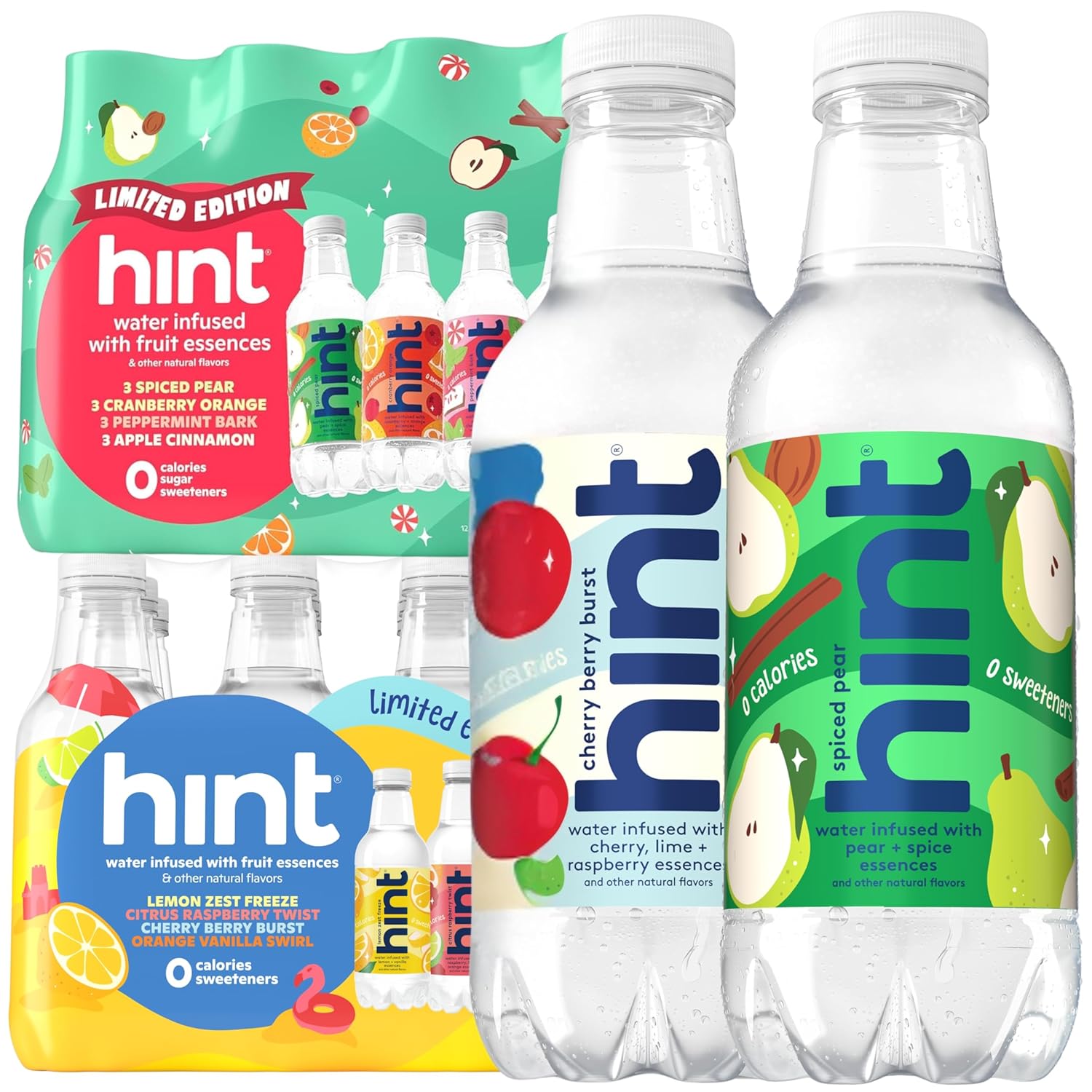 Hint Fruit-Infused Bottled Water, Seasonal Variety Pack Bundle - Sugar Free Flavored Water with Zero Calories, Naturally Flavored, and No Artificial Sweeteners - 16 Fl Oz (Pack of 24)