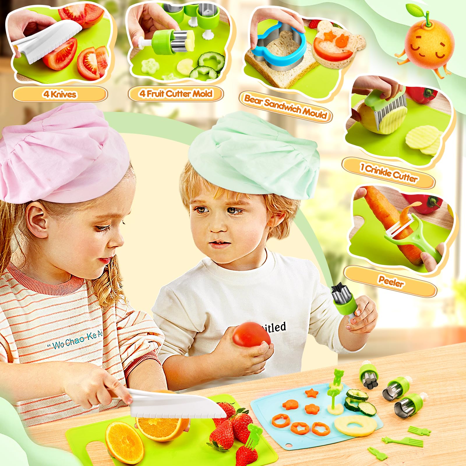 Couteaux de Cuisine pour Enfants Kit, 26 Outils de Cuisine pour Enfants, Comprenant un Couteau de Chef, un Coupe-fruits, un Panier de Rangement et Plus Encore, Parfait pour les Petits Chefs