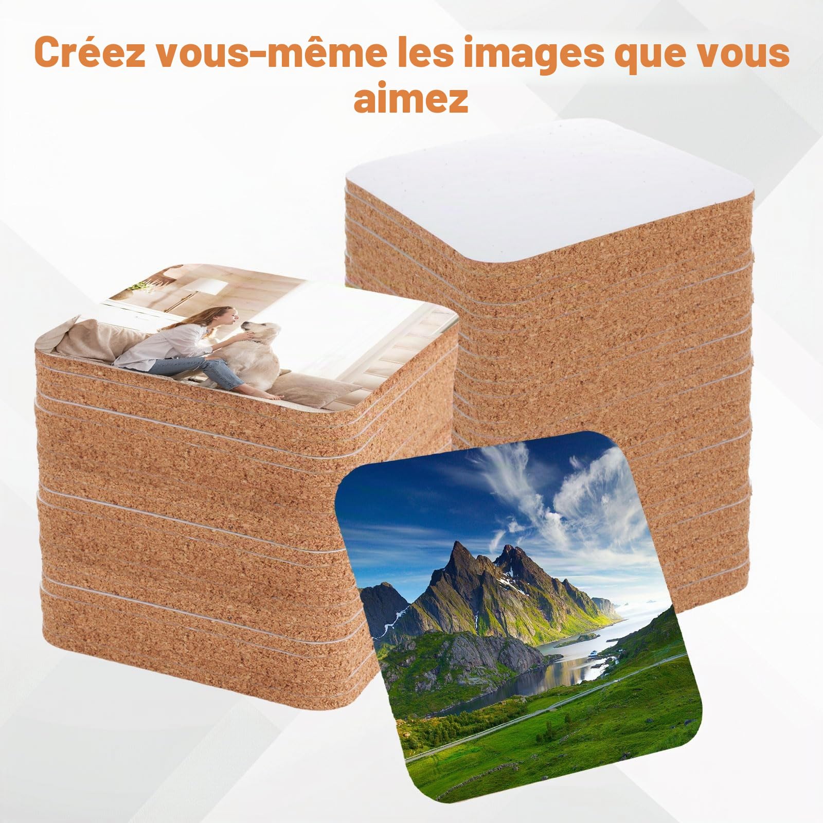 Lot de 50 dessous de verre vierges vierges en liège pour sublimation - 9,5 x 9,5 cm - Pour loisirs créatifs