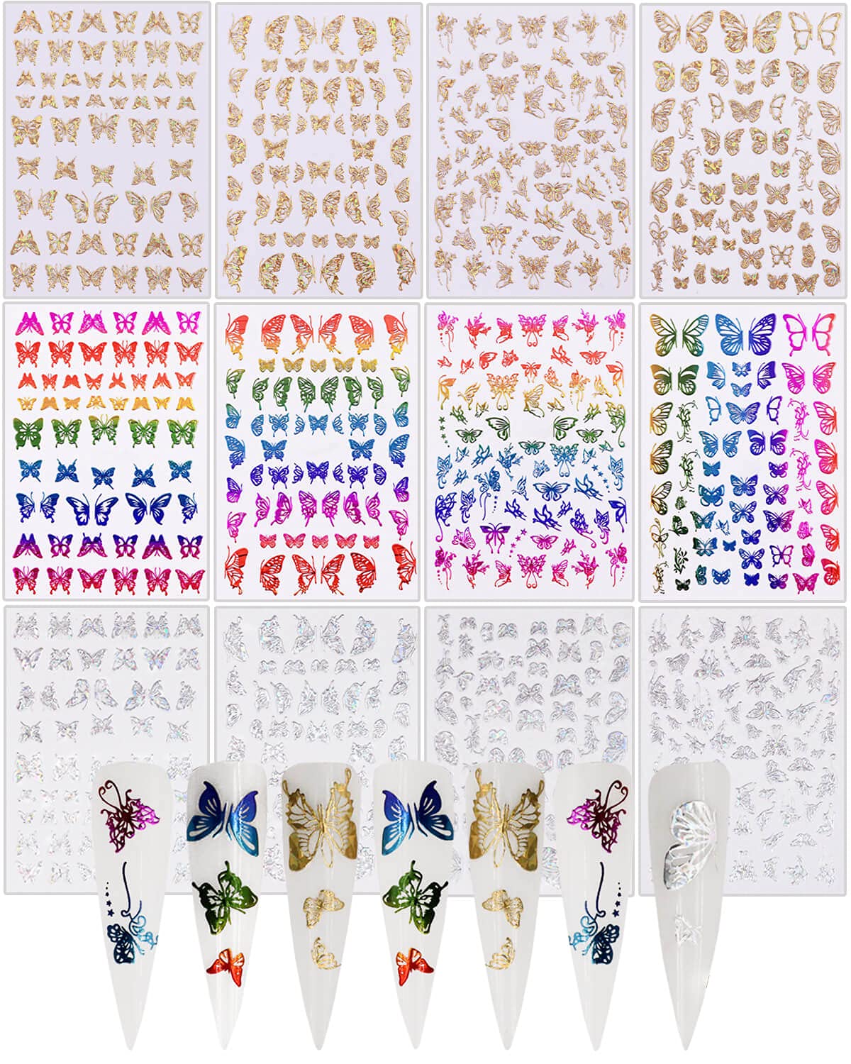 12 Sheets Nail Art Stickers Self-Adhesive Nail Stickers Different Laser Gold Silver Multi-Color Butterfly Shapes Butterfly Nail Decals for Nail Art Decoration