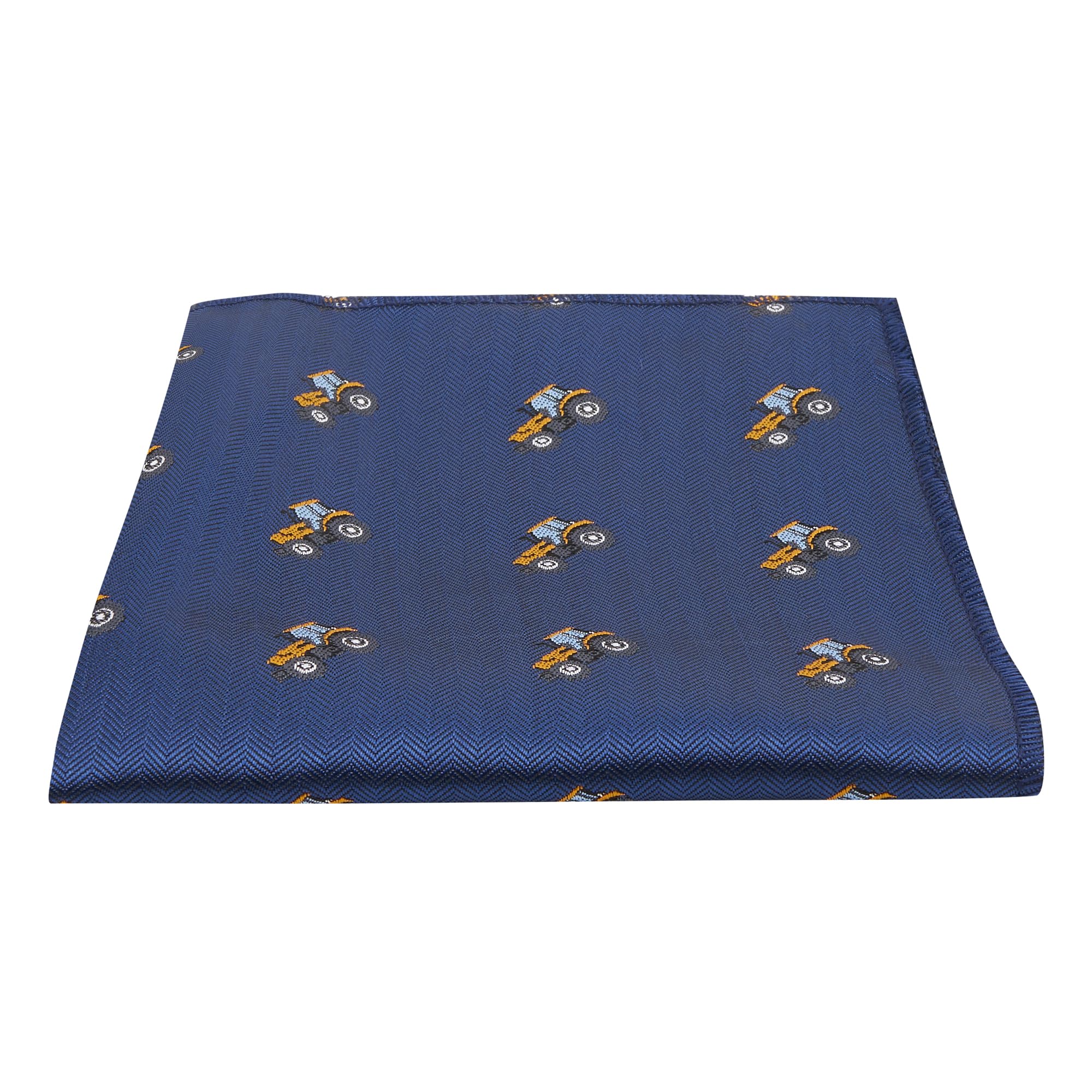 King & Priory Navy Blue Herringbone Embroidered Tractor Pocket Square, Handkerchief