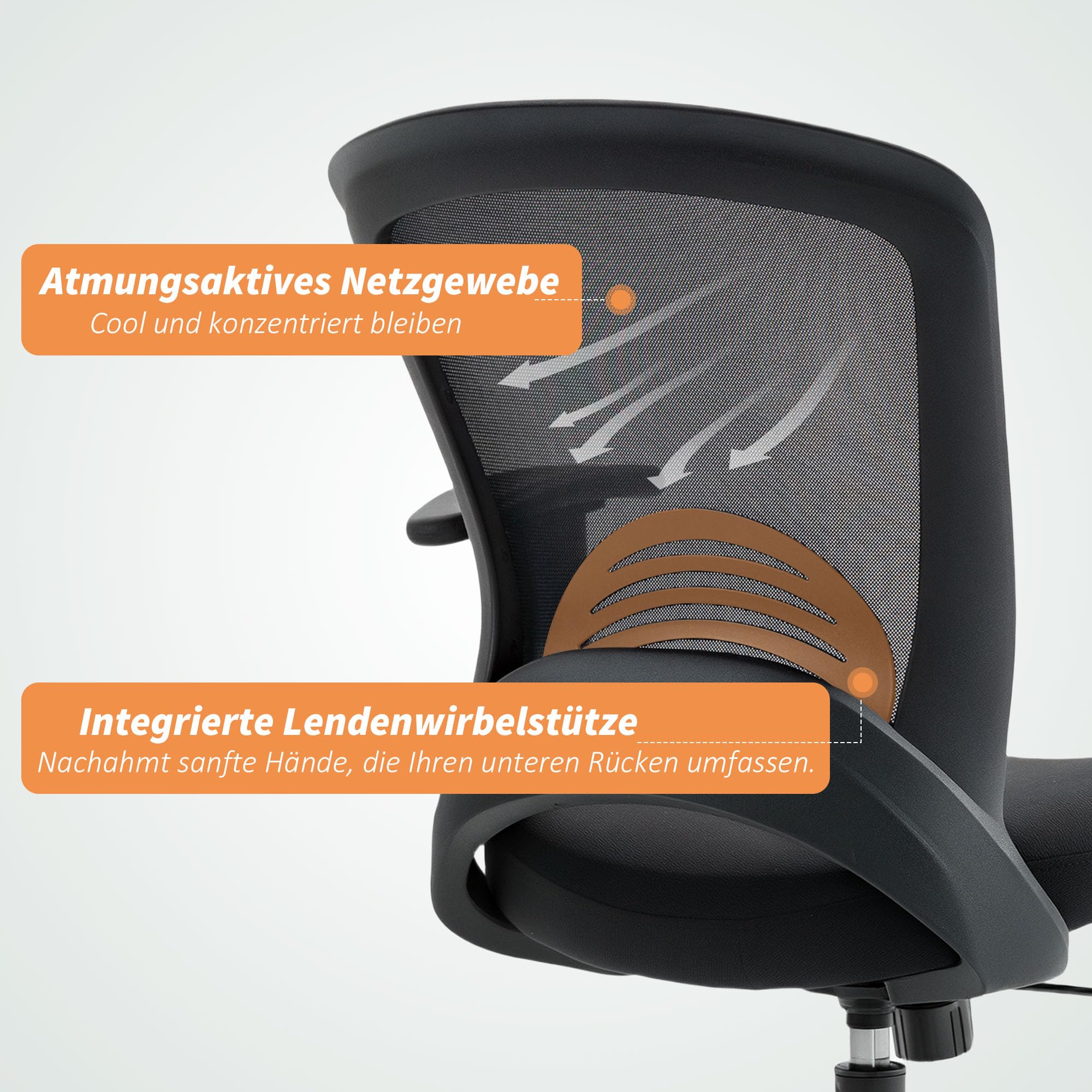 HOMCOM Bürostuhl Ergonomischer Schreibtischstuhl mit Armlehne Schwarz | Höhenverstellbar, Lendenwirbelstütze, Drehstuhl mit Wippfunktion, Computerstuhl mit Netzbespannung