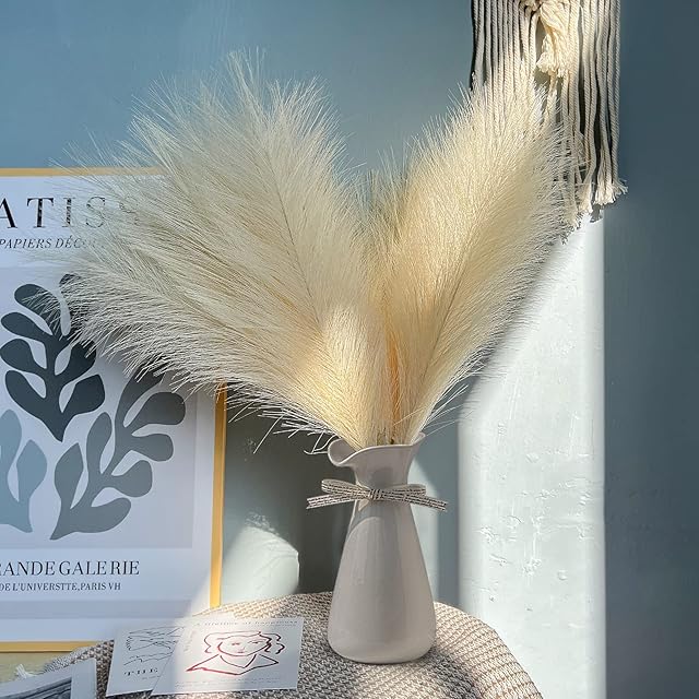 Pampas Grass Small 6 Stems Fluffy Pampas Grass Plants Short 18inch/45cm Natural Artificial Pampas Grass Short Fluffy for Wedding Flower Bunch Home Decor Artificial Flowers Boho (Beige)