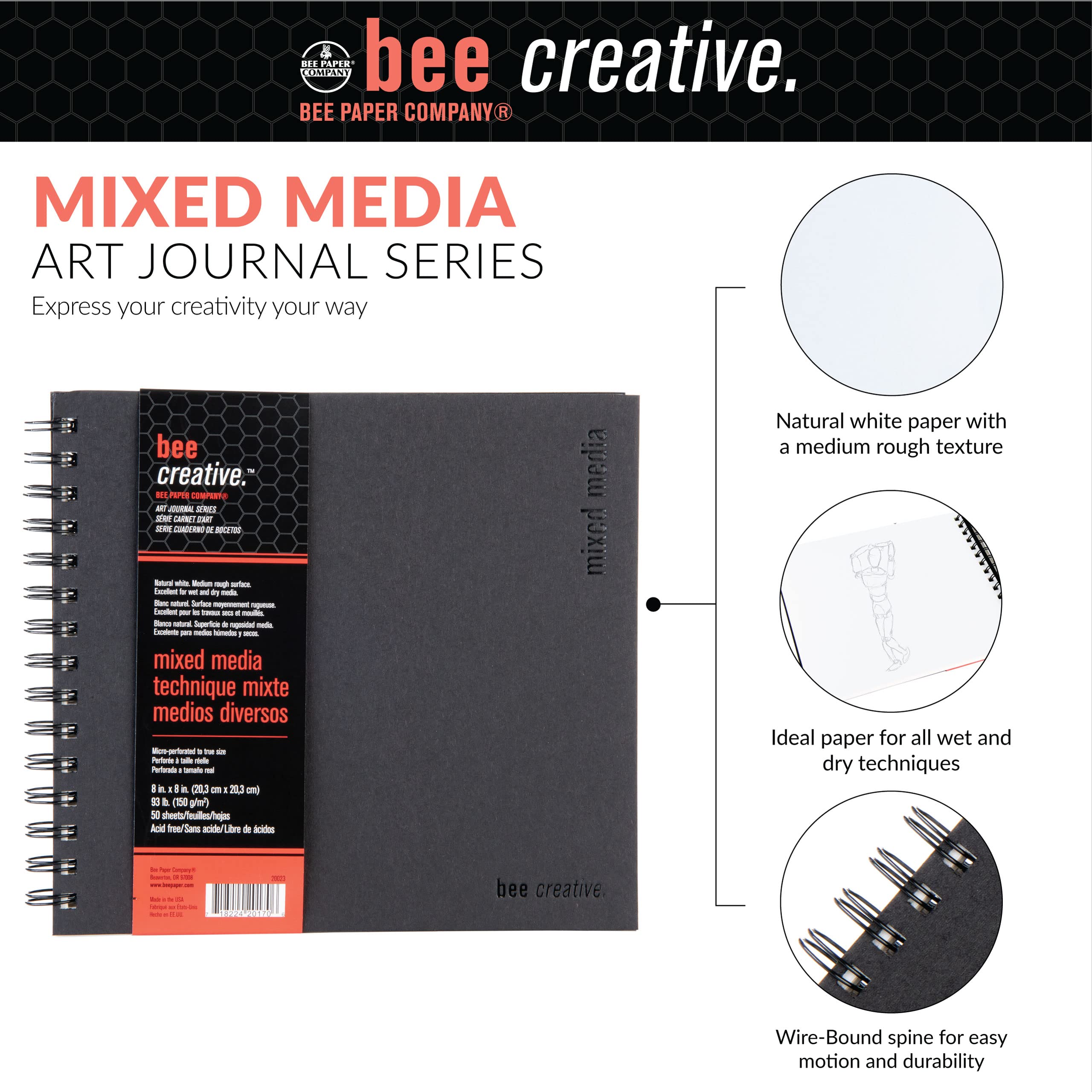 Bee Paper Company Bee Paper Bee Creative Mixed Media Book, 20 cm na 20 cm, 20 x 20 cm