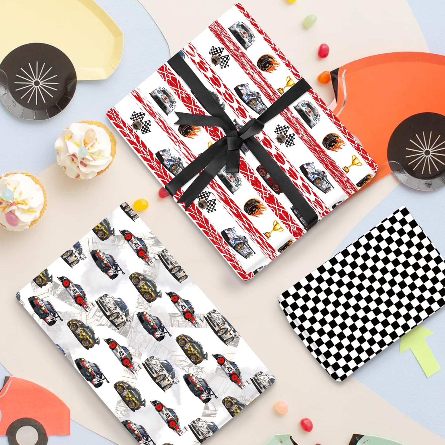 RUSPEPA Papel De Regalo Kraft Para Cumpleaños Infantil: Rollo De 43cm X 5m Con Patrón De Coches Y "Feliz Cumpleaños" - Ideal Para Fiestas De Niños, Resistente Y Ecológico