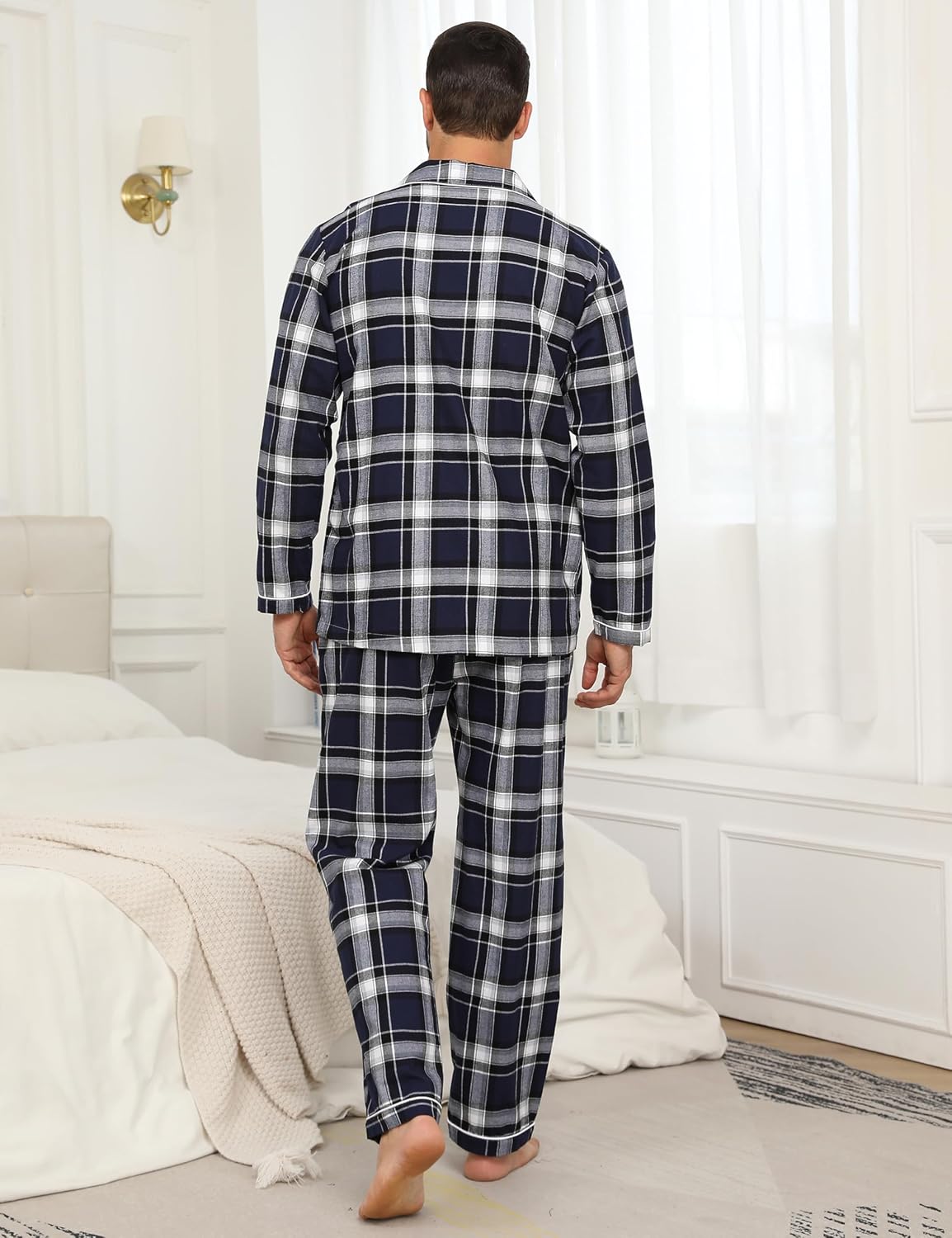 MoFiz Mens Pajama Set Soft Cotton Button Down Notched Collar Pjs Long Sleeve 2 Piece Sleepwear Lounge Nightwear with Pocket