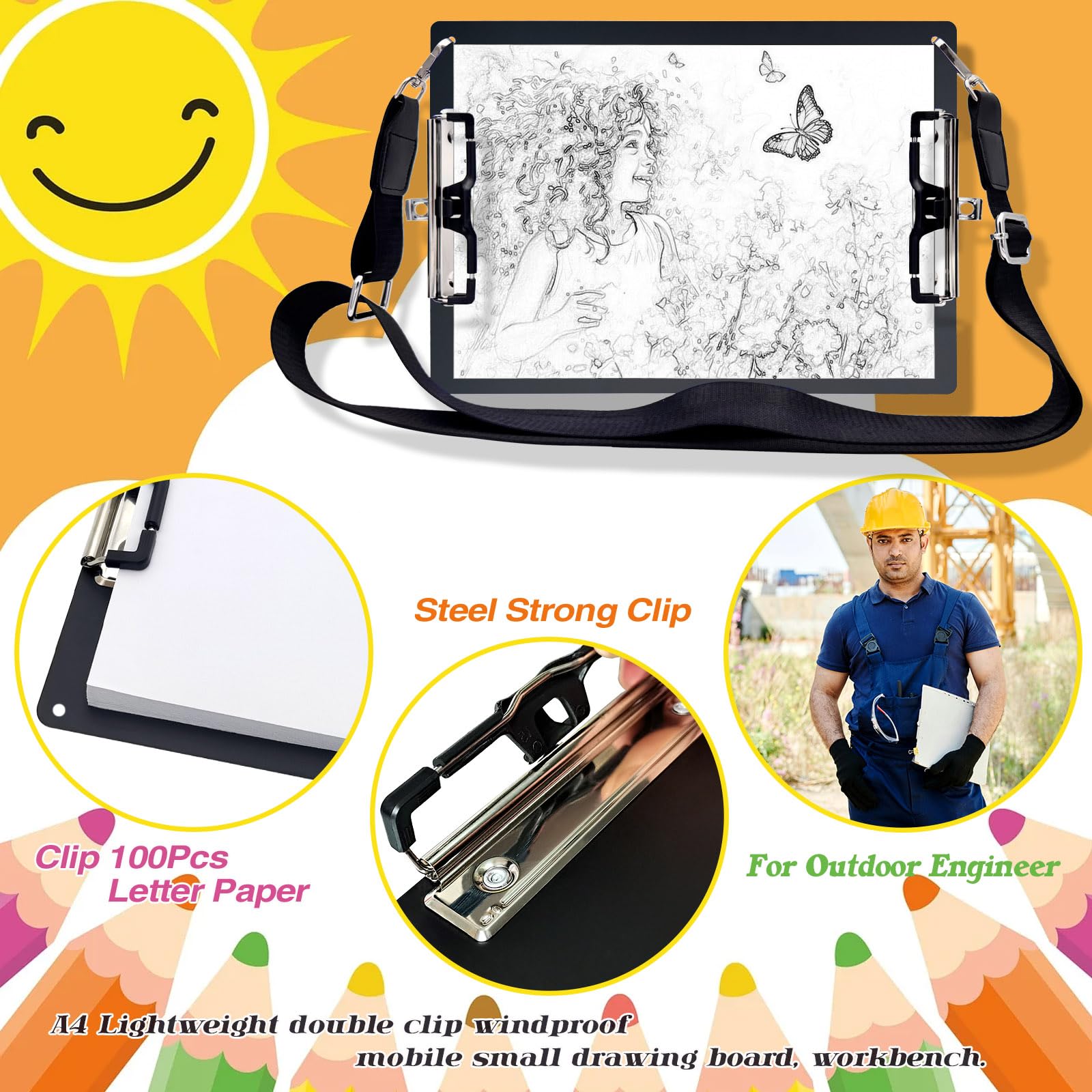 Portapapeles de metal de aluminio con correa de hombro ajustable desmontable A4, tablero de doble clip de acero inoxidable para colgar con soporte para bolígrafo, letra de 9 x 12.6 pulgadas, para