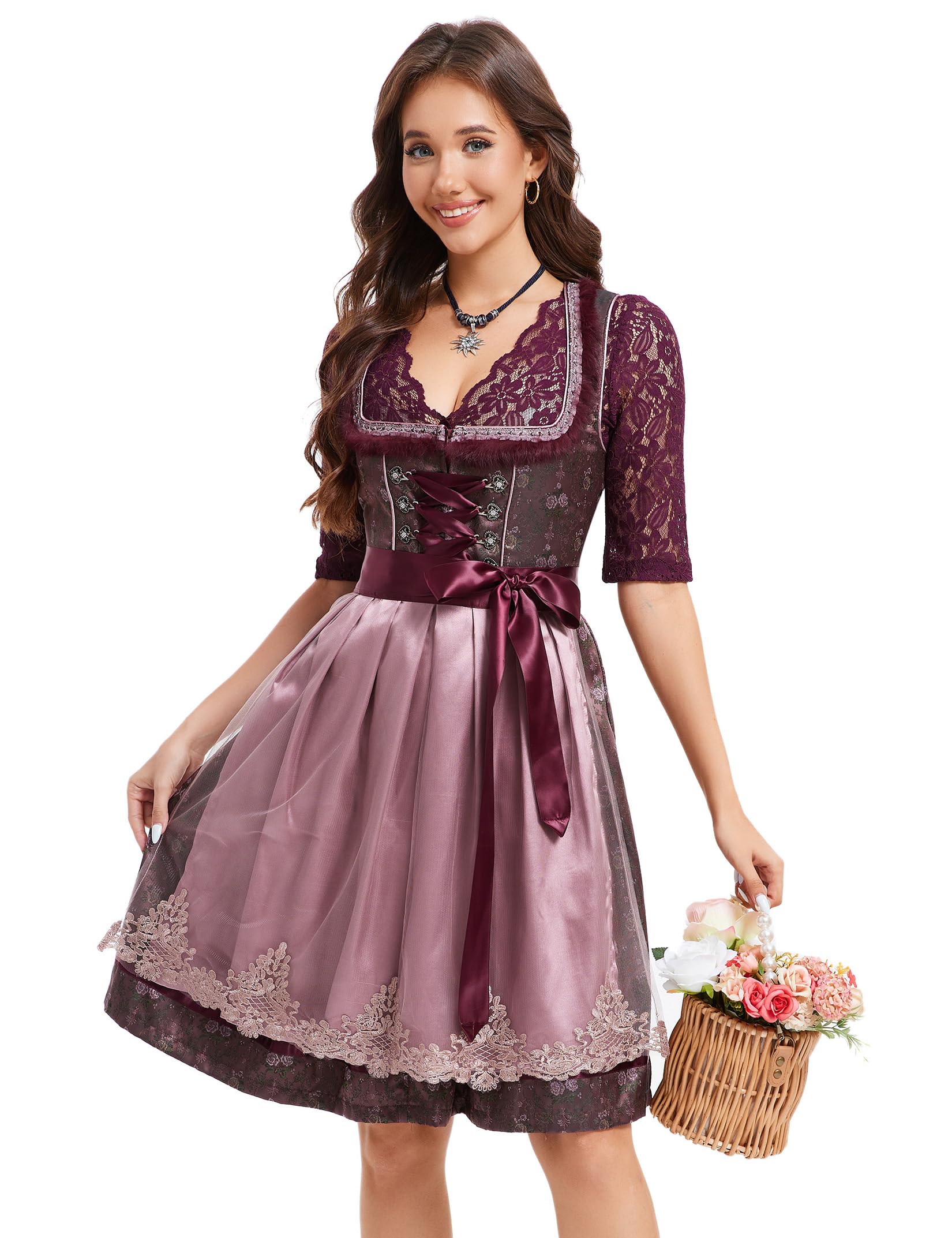 KOJOOIN Dirndl Damen Trachtenkleid Weinrot Dirndlkleid Midi Jacquard Trachtenrock Oktoberfest Outfit mit Dirndlschürzen