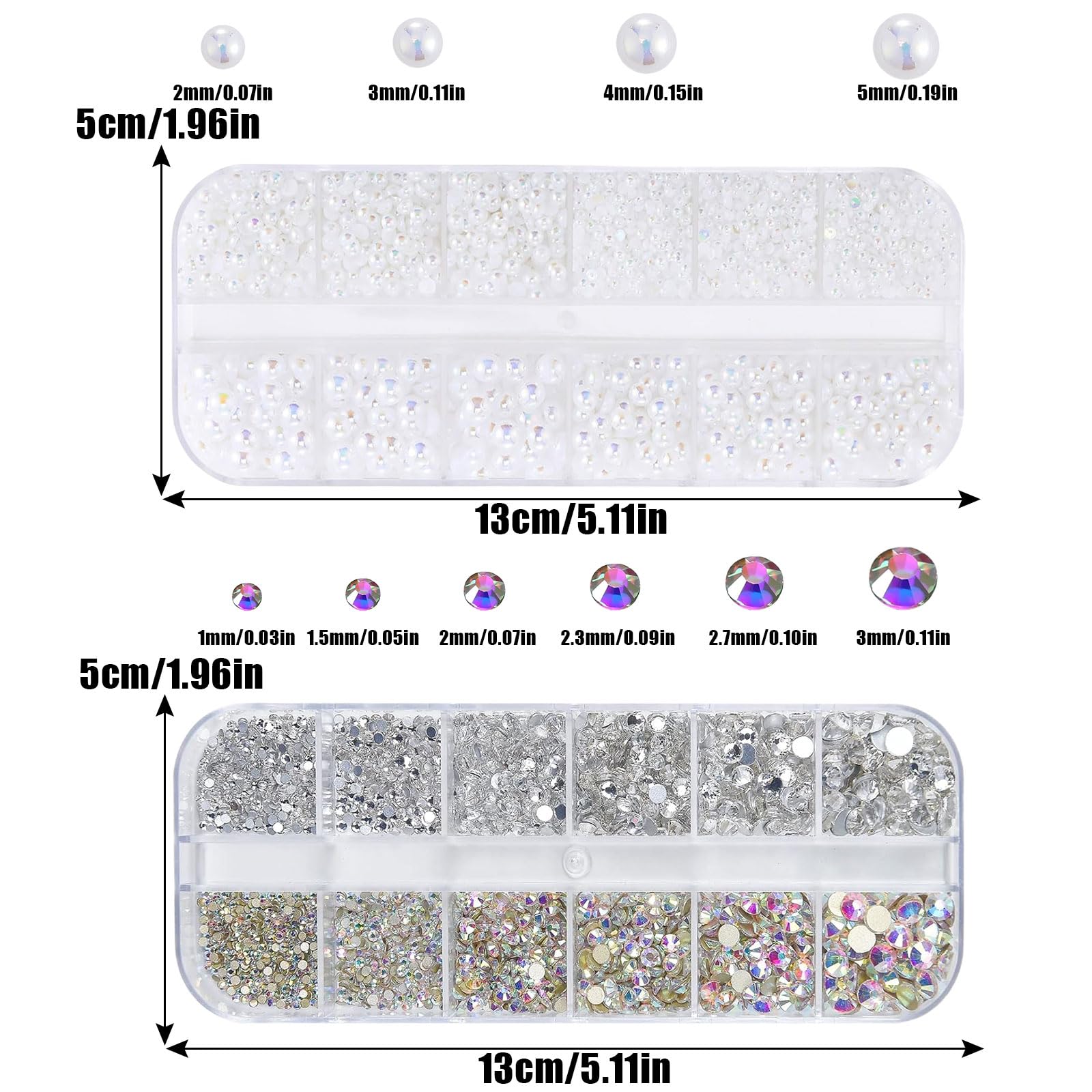 Rhinestones & Pearls Nail Art Decoration - 2 Boxes, 48pc 3D & Flat Back Crystal Nails, AB, White, DIY Crafts - Image 2