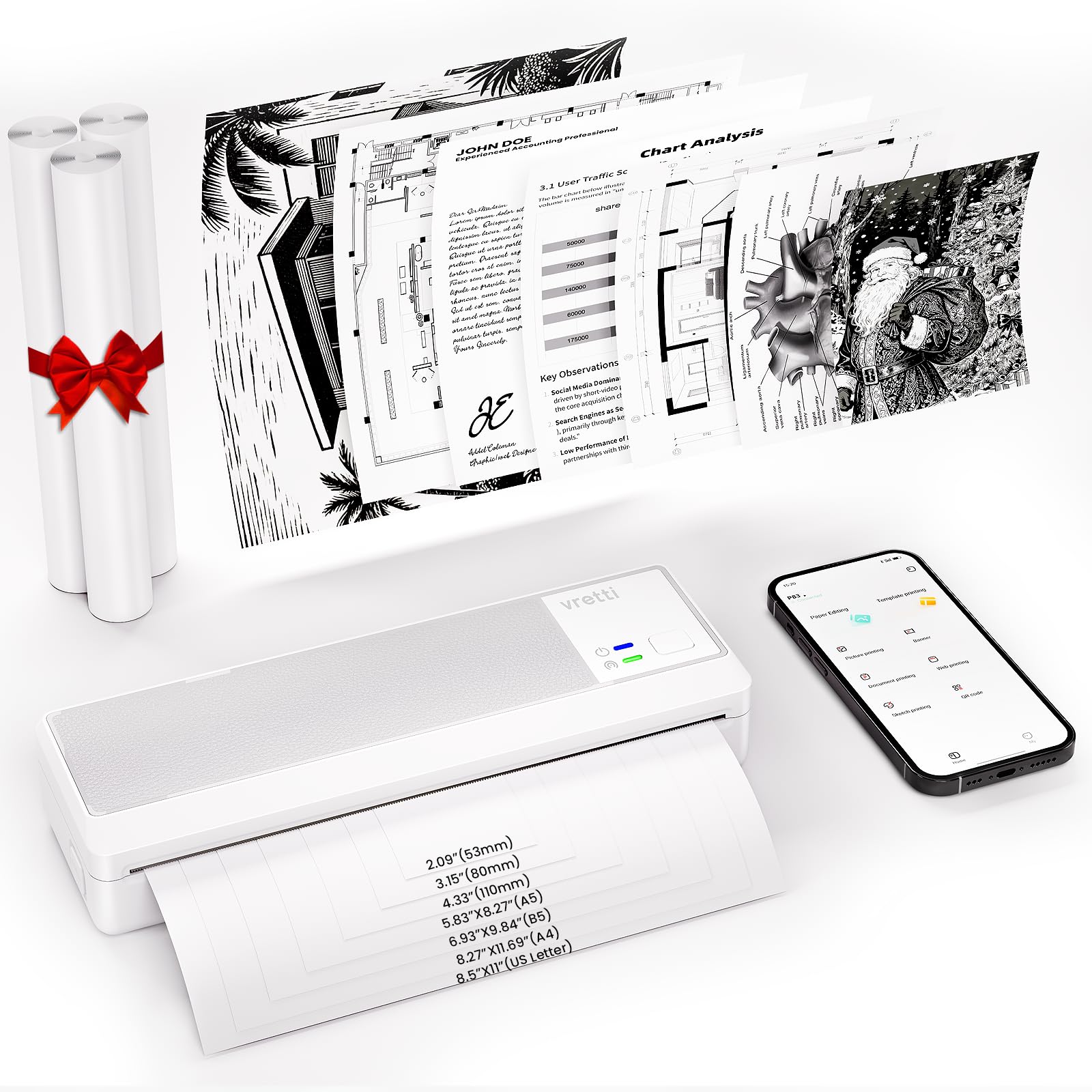 vretti P83 Stampante portatile A4 da viaggio, stampante termica A4 compatibile con Android e iOS, supporta carta termica A4 210 x 297 mm, per casa, ufficio, foto