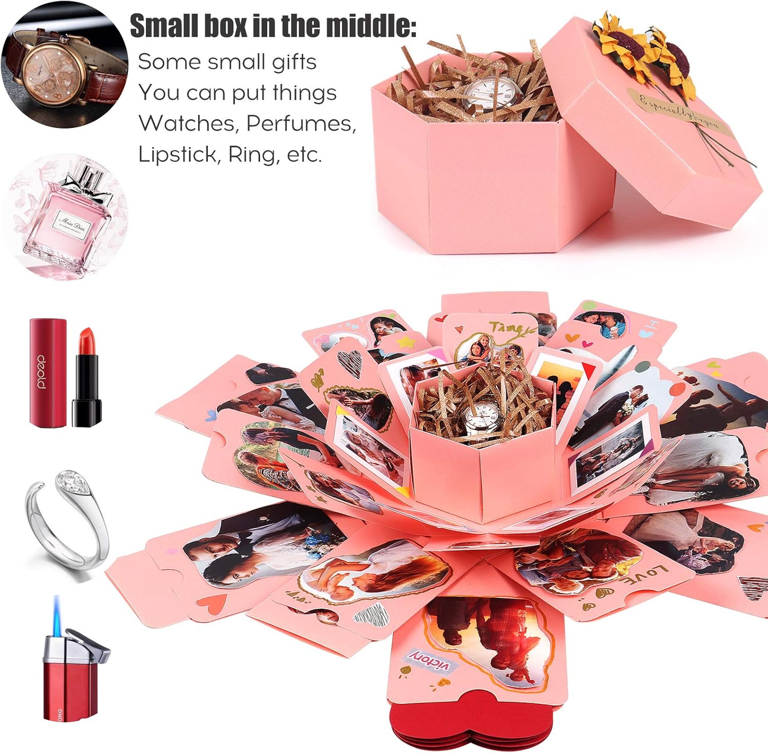 RECUTMS Explosion Gift Box, Handmade Exploding Photo Album Mothers Day Gifts,Gift Box with 6 Faces for Boyfriend, Girlfriend, Wedding, Birthday Party, Memory Box(Pink-6 Sides)