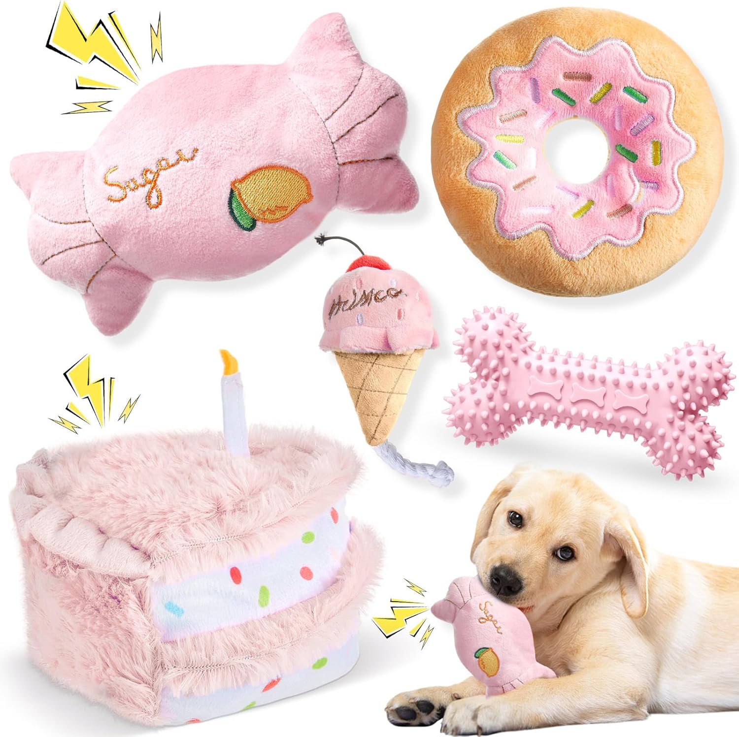 Blosssound 5 Pack Dog Birthday Toy Set Puppy Plush Squeaky Dogs Birthday Gifts Puppy Stuffed Chew Toys Cute Cake Candy Donut Ice Cream Bone Shape for Small Medium Large Breed Pet Supplies(Pink Girl)