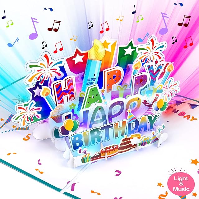 NORBASE Large Birthday Card with Blowable Candle, 3D Pop up Birthday Cards, Musical Birthday Gift Greeting Card for Men, Women, Kids