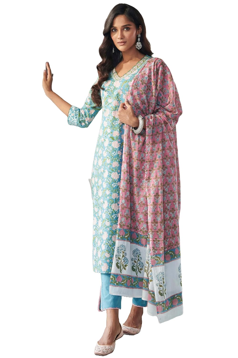 GoSriKi Women’s Cotton Blend Straight Printed Kurta with Pant & Dupatta