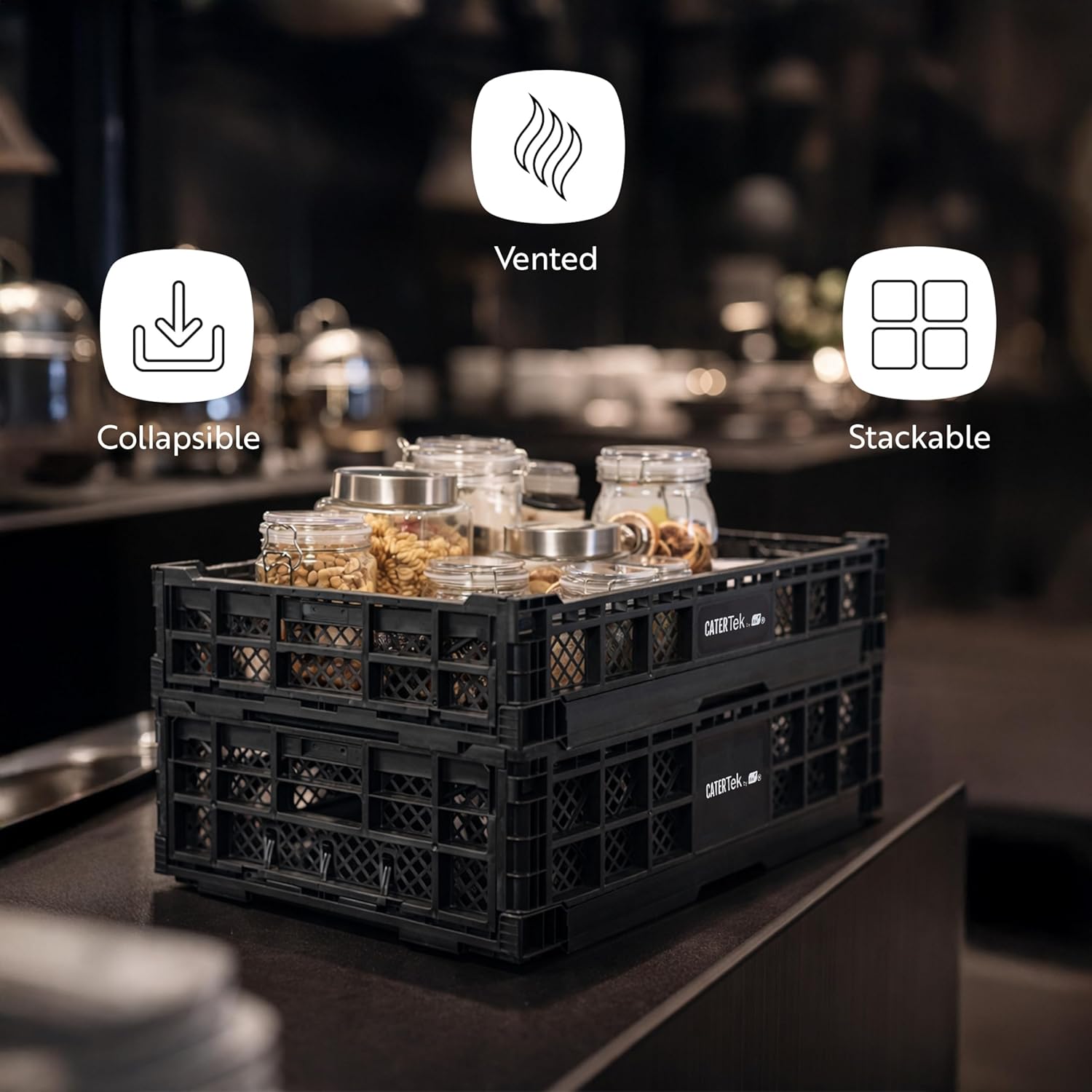 Restaurantware Plastic Milk Crates for Storage - 10 Pack - Cater Tek Stackable Storage Buns for Organizing - Collapsible Storage Basket for Groceries, Black