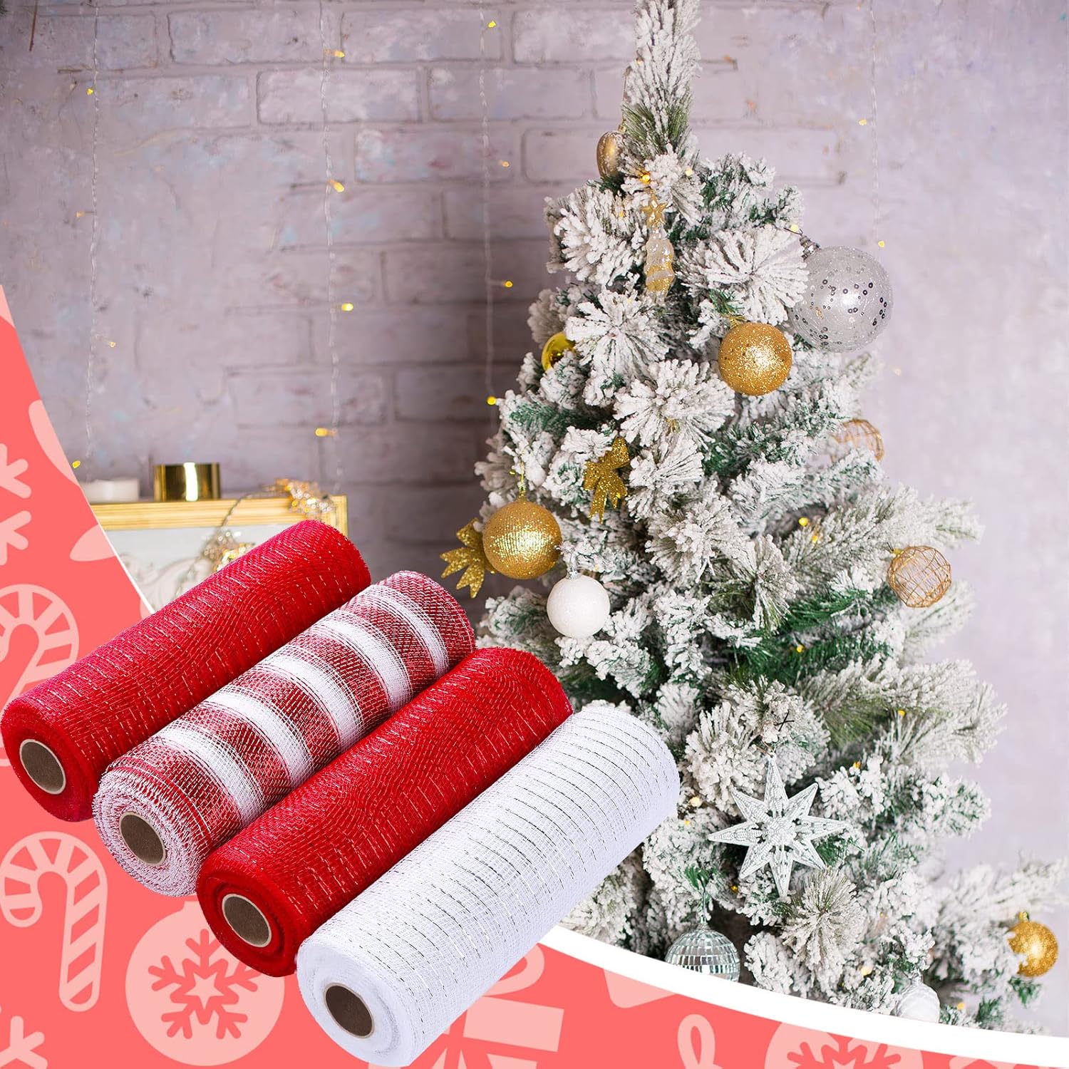 4 Rolls Metallic Foil Mesh Ribbon for Door Wreath DIY Crafts Making Supplies (Red White, 10 Inch)