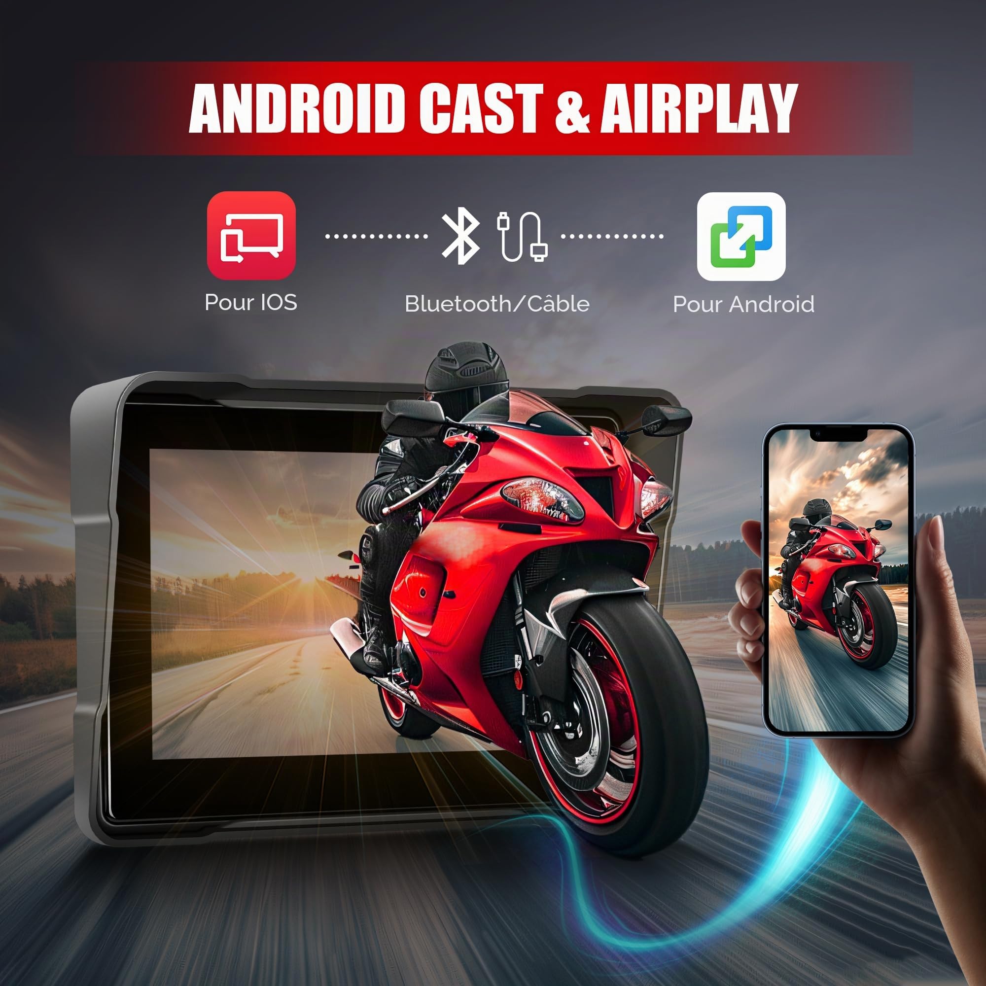 Rimoody Carplay Moto, 5 Pouces Stéréo de Voiture Portable à HD Écran Tactile, IP67 Étanche avec Android Auto Airplay/Android Cast/Bluetooth/EQ/SD/Commande Vocale/AUX/USB/SD