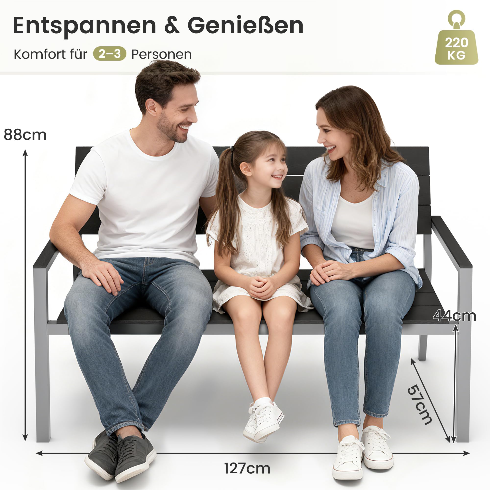UDPATIO Gartenbank Wetterfeste in Holzoptik, Metall Sitzbank Outdoor für Balkon & Garten, Parkbank 2–3 Sitzer,Stabile Balkonbank mit Rücken & Armlehnen, Hellgrau
