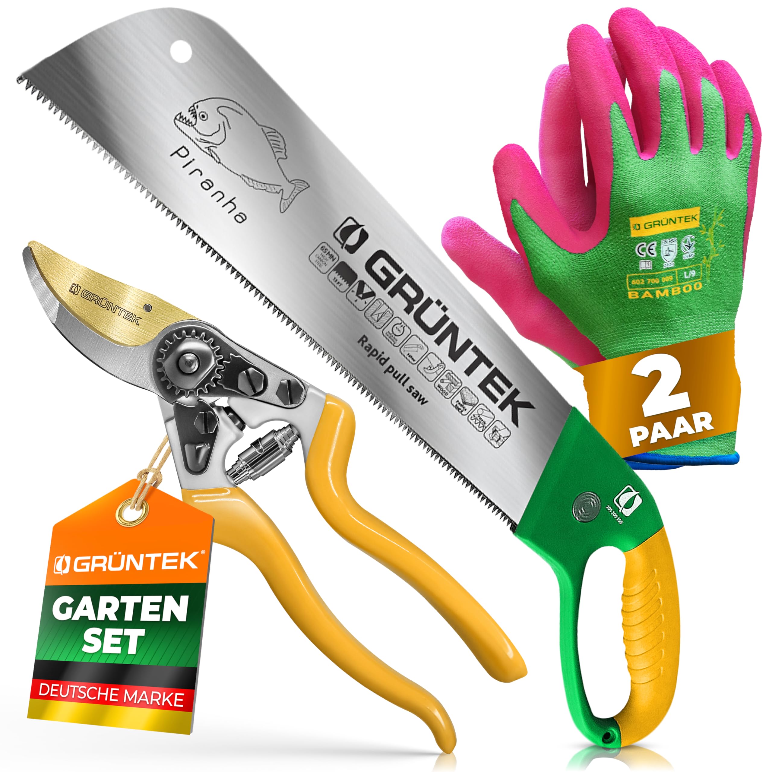 Grüntek Garten- & Handwerk-Set 3-teilig – Zimmermannsäge 520 mm, Z-25 Gartenschere & Bambus Gartenhandschuhe – Präzisions-Säge, Titan-Schere & atmungsaktive Arbeitshandschuhe
