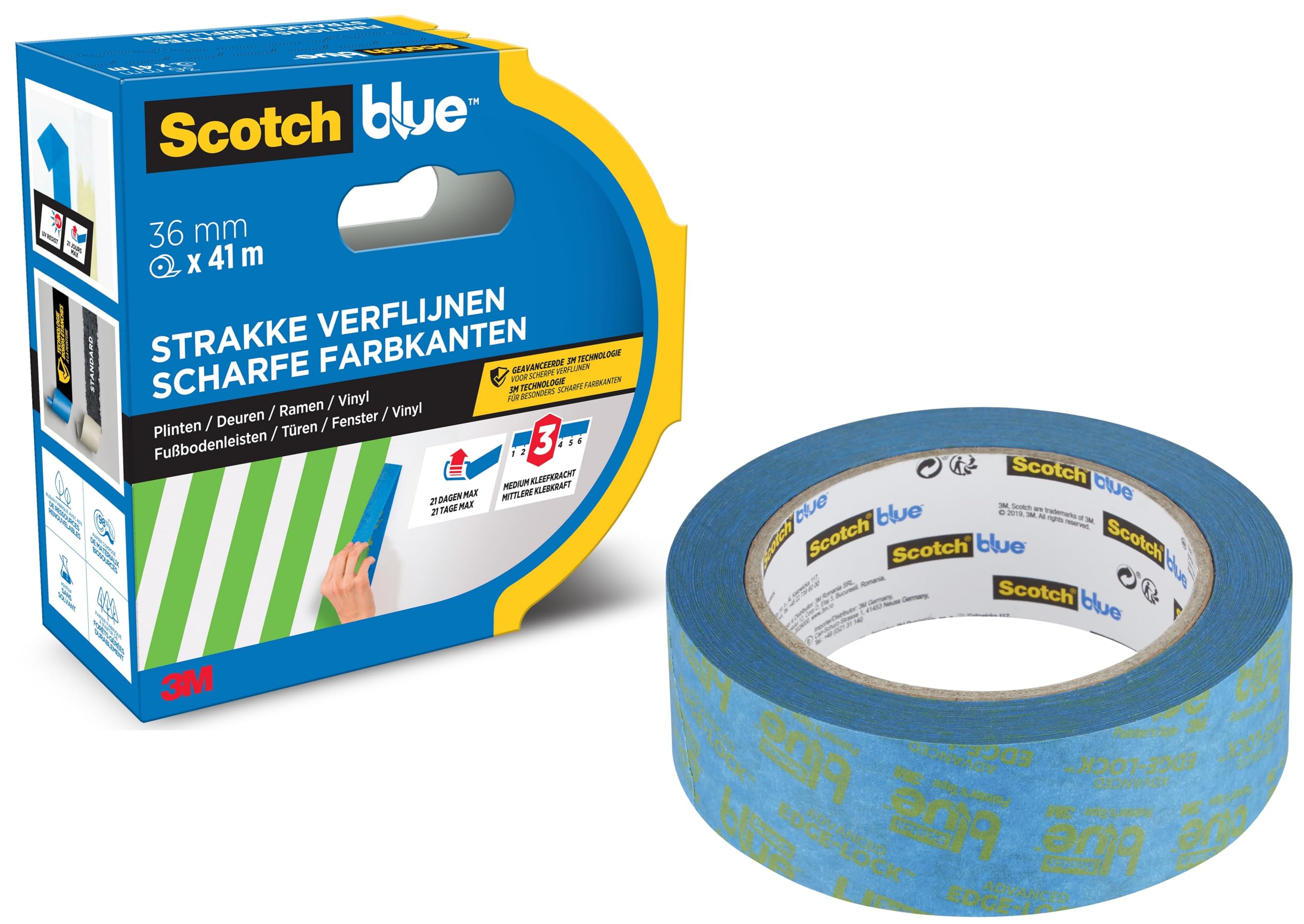 ScotchBlue Malerkrepp für Scharfe Linien, 36 mm x 41 m, Extrem Präzises Scotch Klebeband für Malerarbeiten, Abklebeband/Kreppband - Papier aus PEFC-kontrollierten Quellen hergestellt